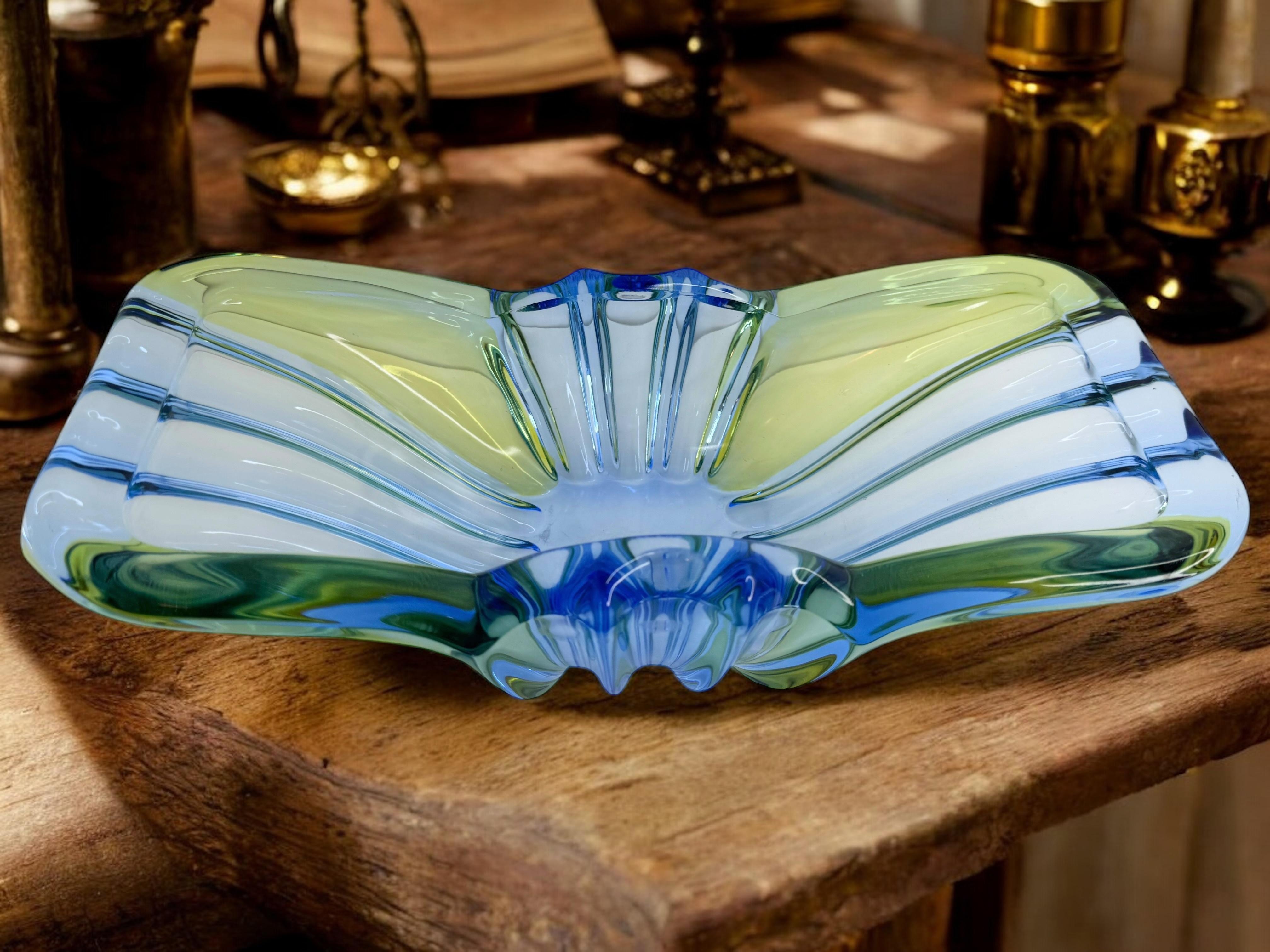 Art Deco Style Blue & Green Glass Bowl Catchall, Murano Italy, Vintage 1950s For Sale 11