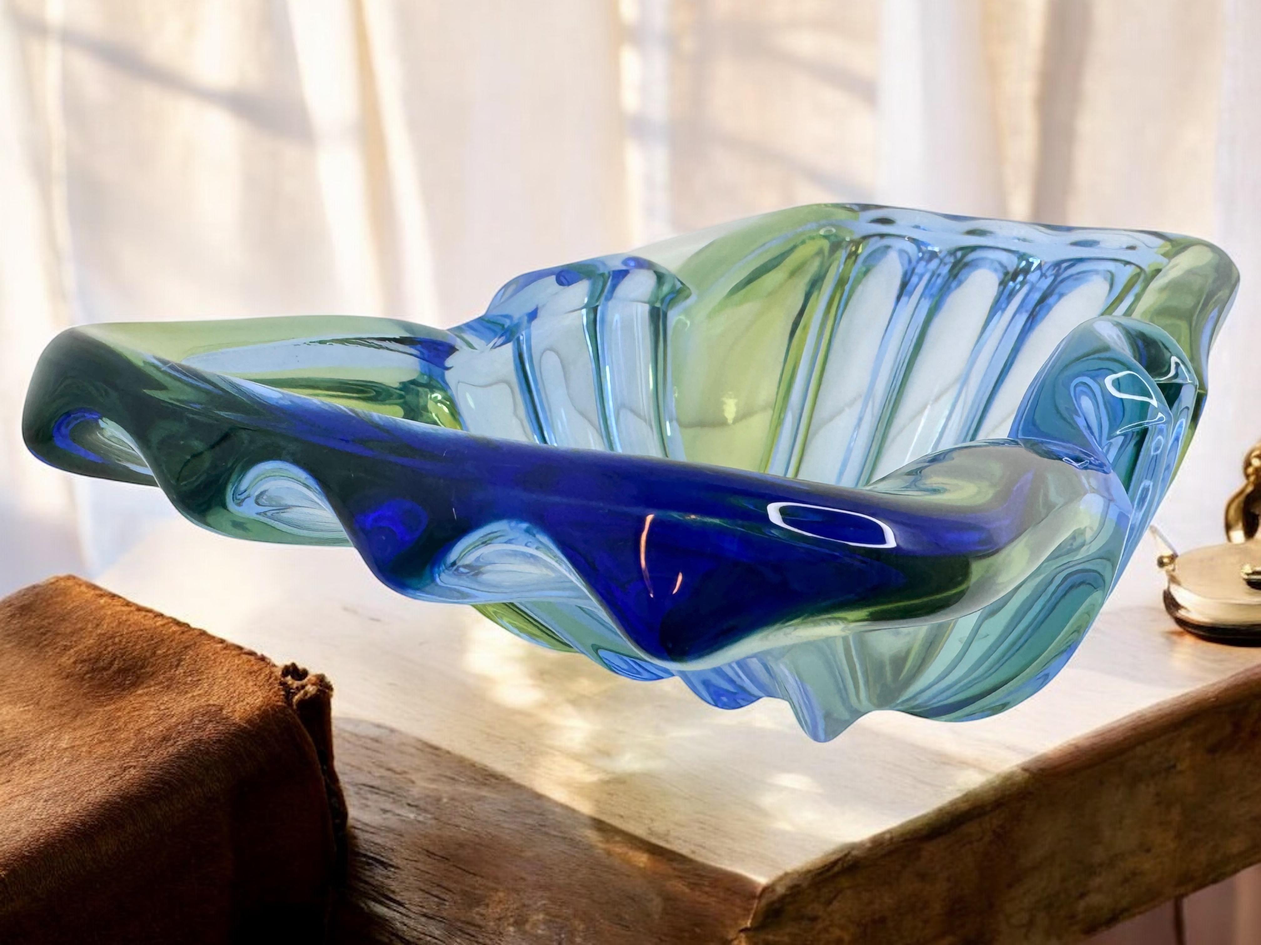 Art Deco Style Blue & Green Glass Bowl Catchall, Murano Italy, Vintage 1950s For Sale 12