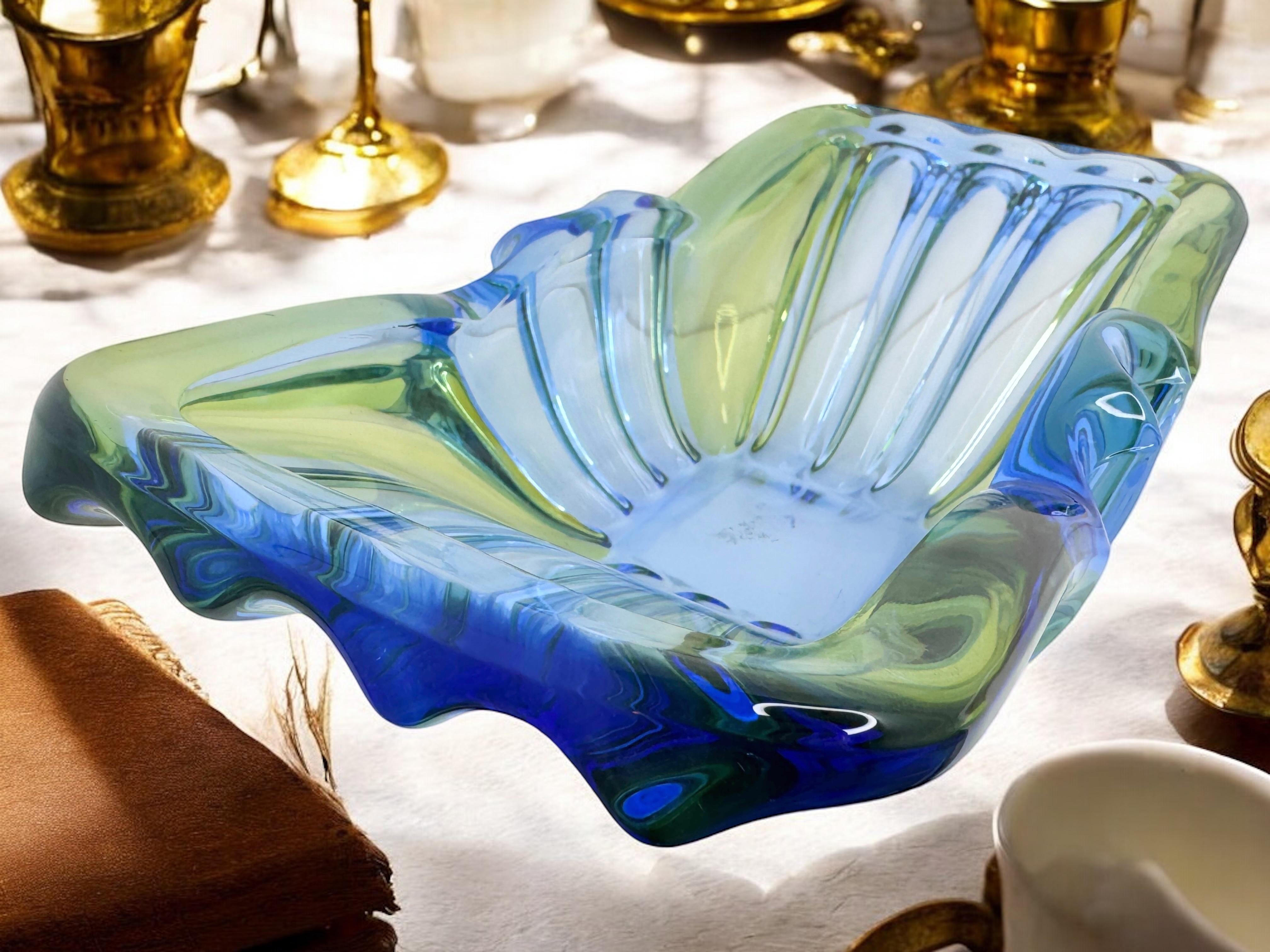 Art Deco Style Blue & Green Glass Bowl Catchall, Murano Italy, Vintage 1950s For Sale 13