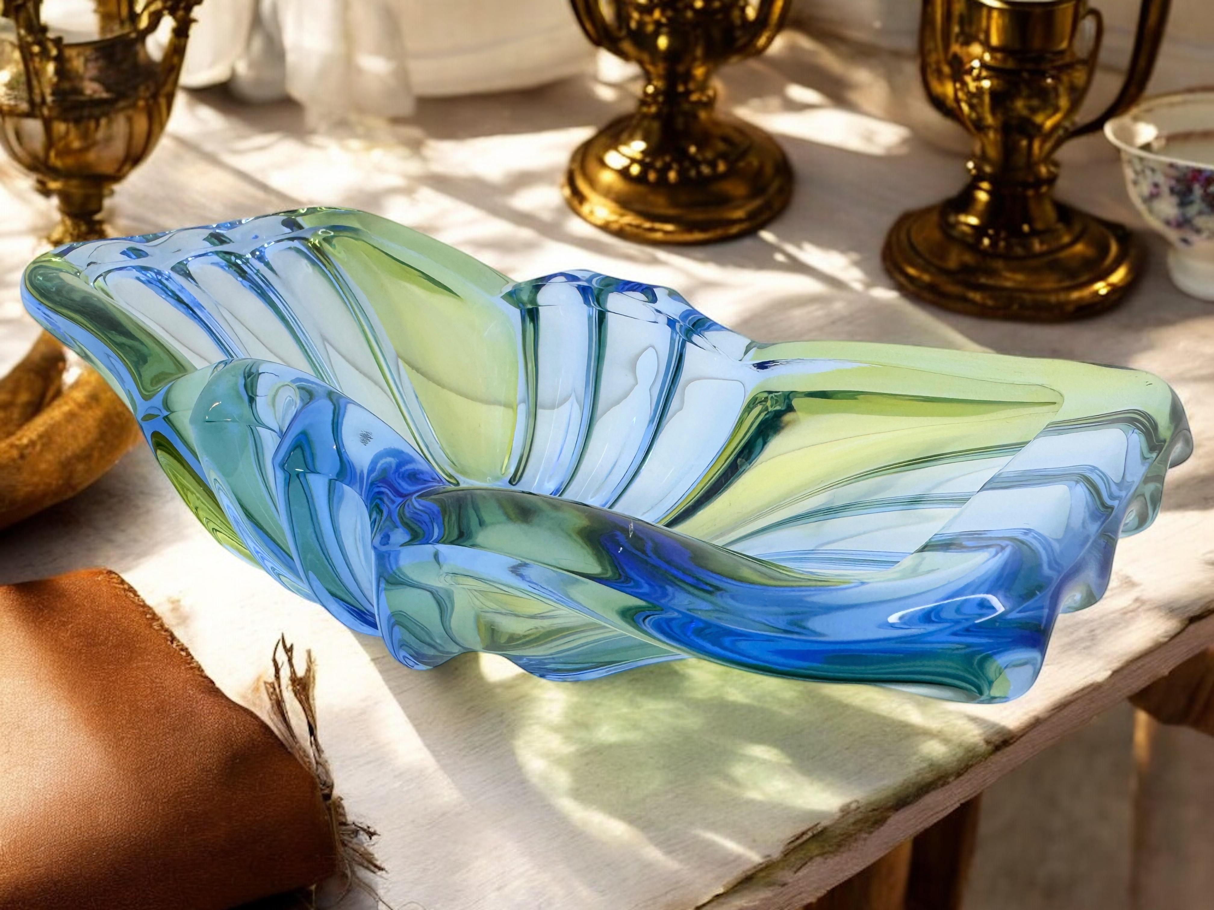 Art Deco Style Blue & Green Glass Bowl Catchall, Murano Italy, Vintage 1950s For Sale 14