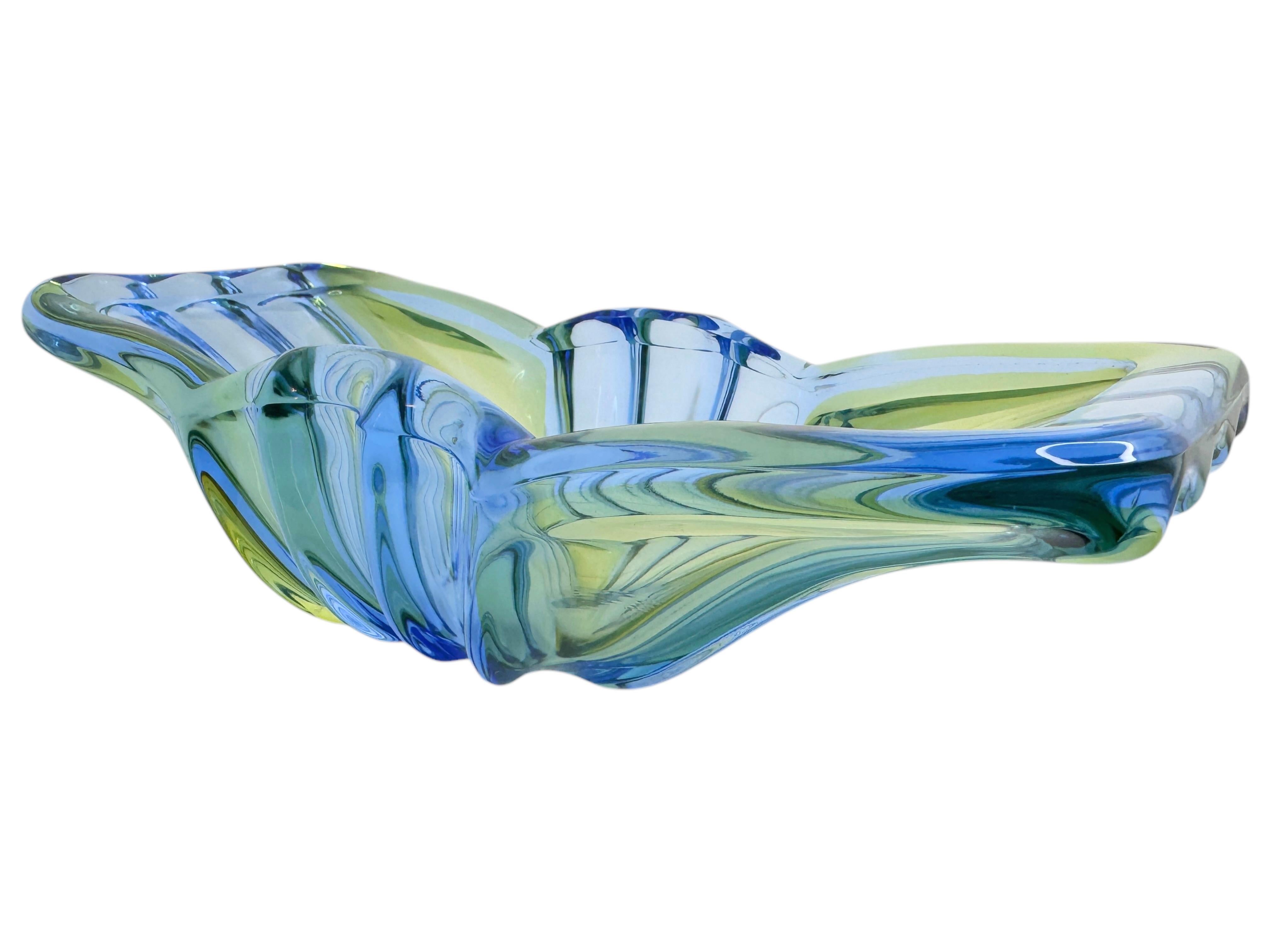 Mid-20th Century Art Deco Style Blue & Green Glass Bowl Catchall, Murano Italy, Vintage 1950s For Sale