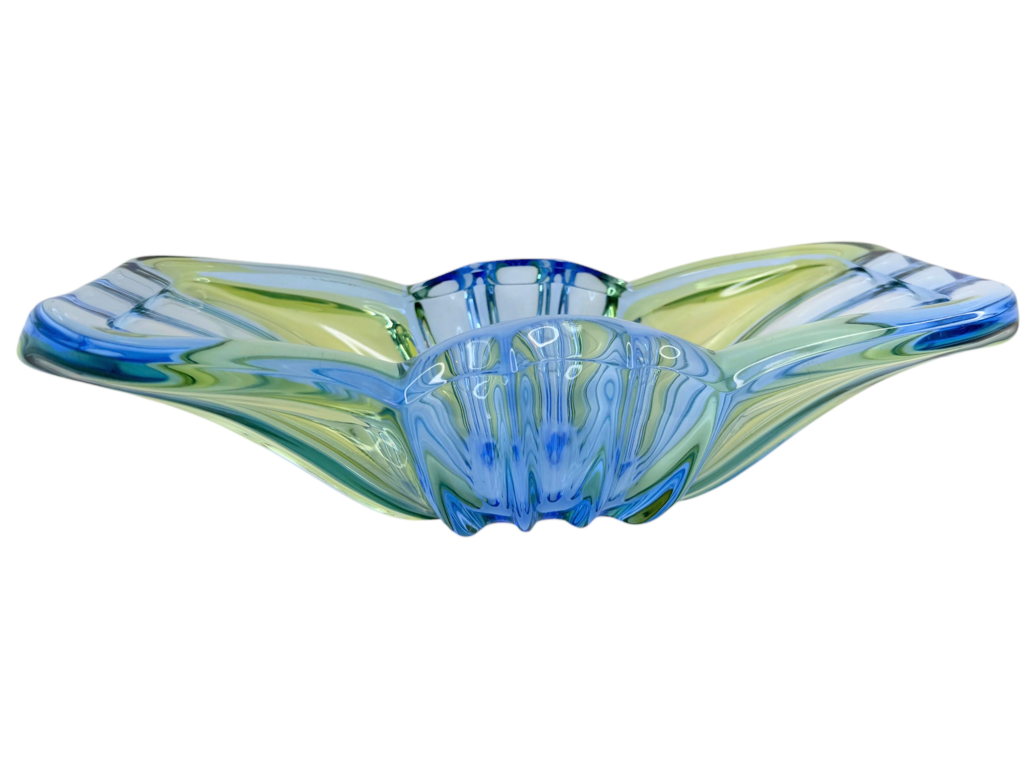 Art Glass Art Deco Style Blue & Green Glass Bowl Catchall, Murano Italy, Vintage 1950s For Sale
