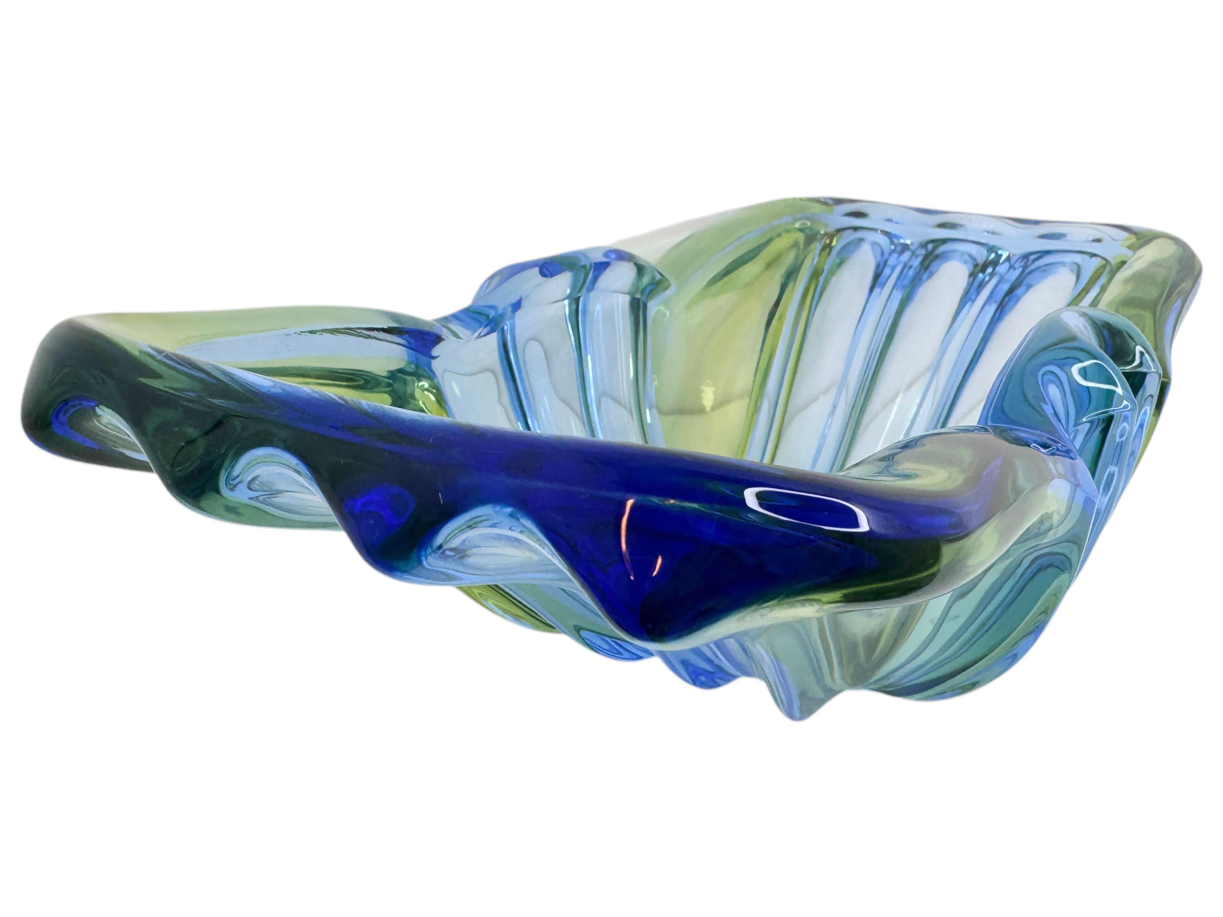 Art Deco Style Blue & Green Glass Bowl Catchall, Murano Italy, Vintage 1950s For Sale 2
