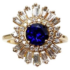 Art Deco Style Blue Round Sapphire Baguette Diamond Halo 18k Rose Gold Ring