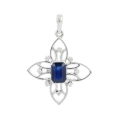 Art Deco Style Blue Sapphire and Diamond Flower Pendant in 18K Solid White Gold