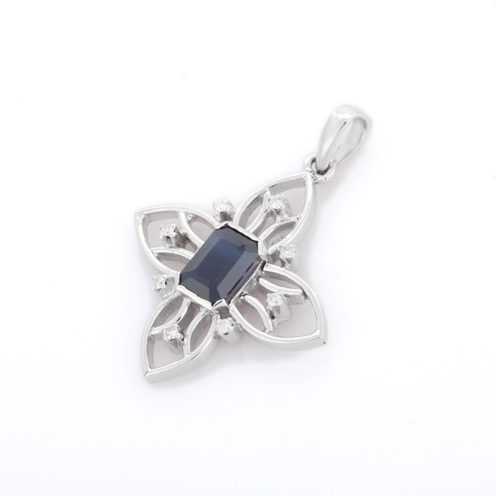 Art Deco Style Blue Sapphire and Diamond Flower Pendant in 18K Solid White Gold In New Condition For Sale In Houston, TX