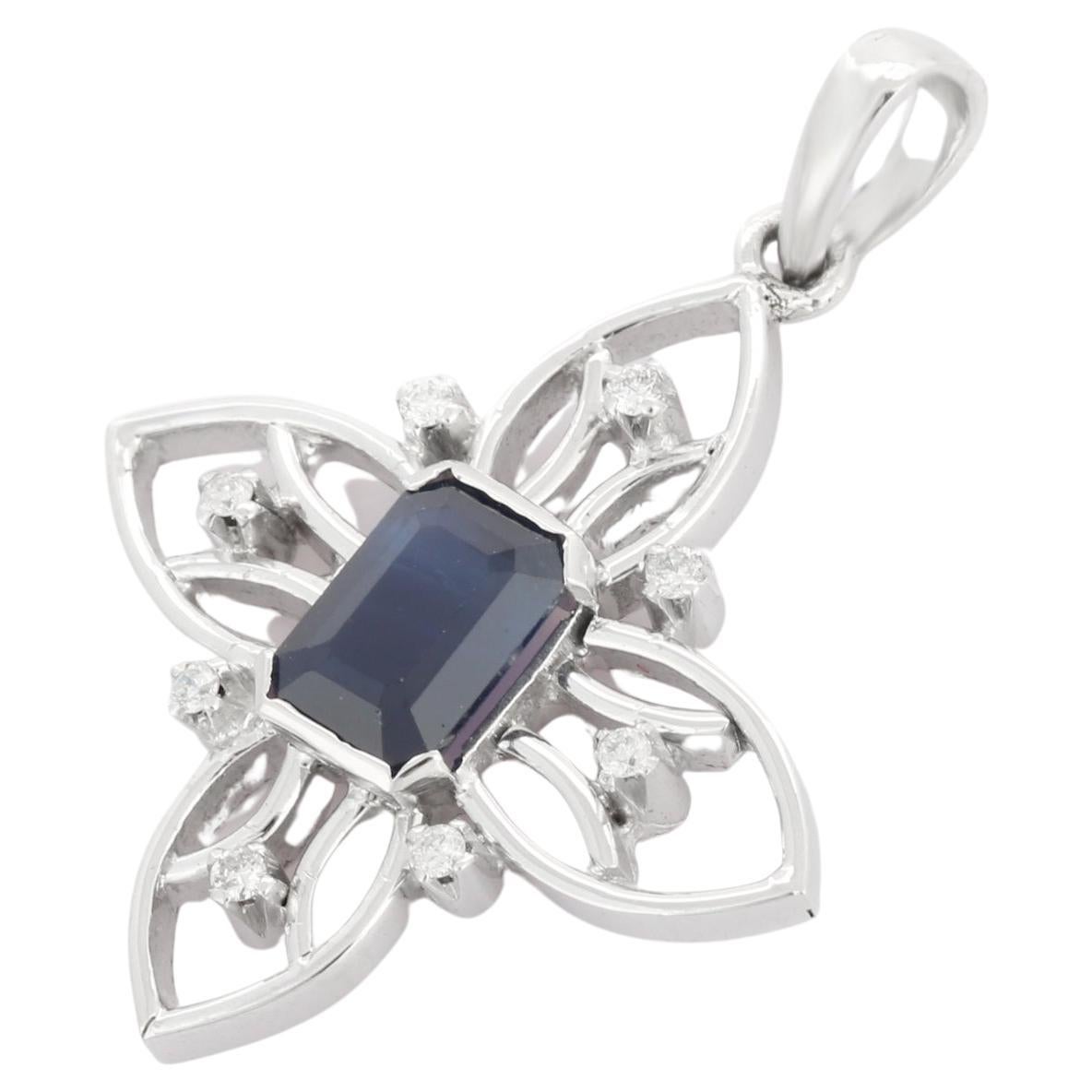 Art Deco Style Blue Sapphire and Diamond Flower Pendant in 18K Solid White Gold For Sale