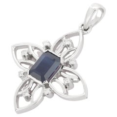 Art Deco Style Blue Sapphire and Diamond Flower Pendant in 18K Solid White Gold