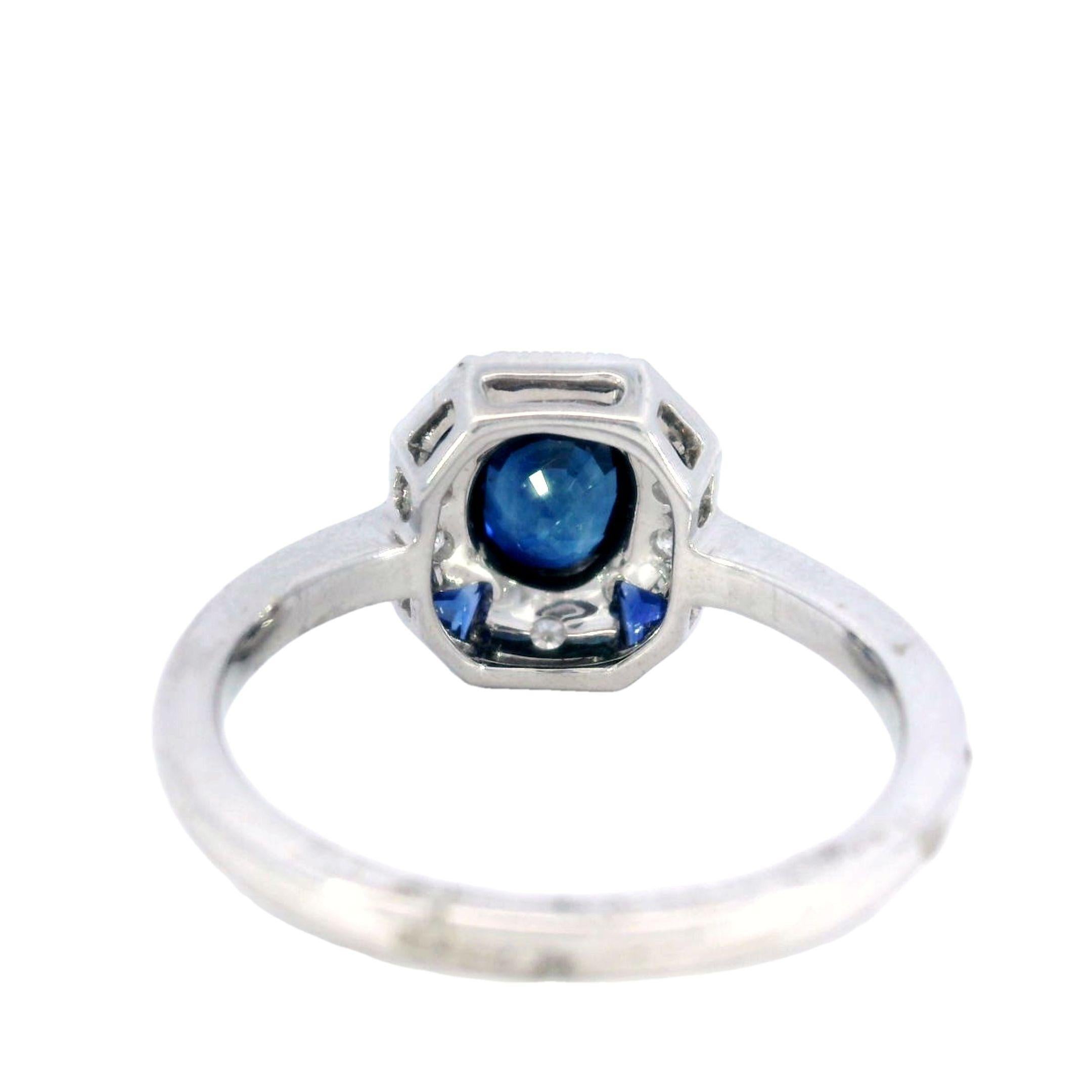 Oval Cut Art Deco Style Blue Sapphire and Diamond Ring Button Ring in 18K white Gold