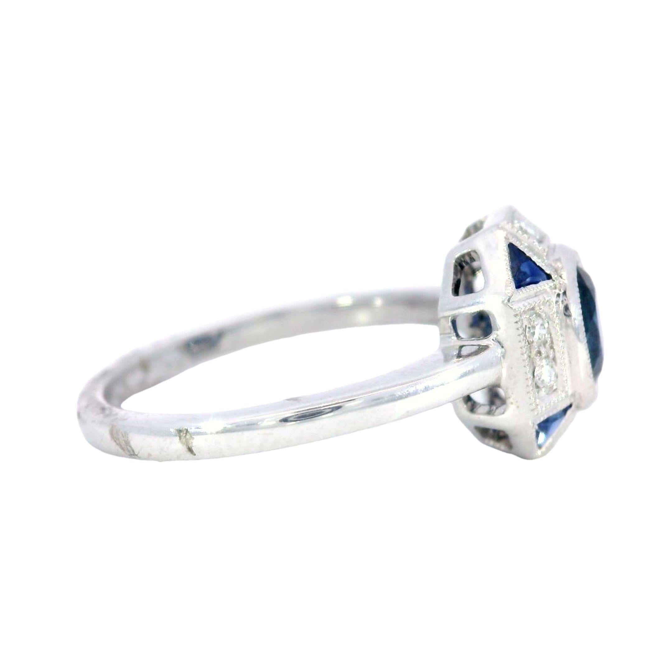 Art Deco Style Blue Sapphire and Diamond Ring Button Ring in 18K white Gold In Excellent Condition In Fairfield, CT