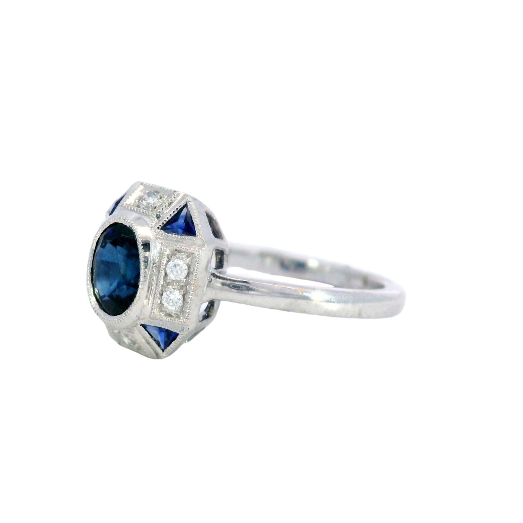 Women's Art Deco Style Blue Sapphire and Diamond Ring Button Ring in 18K white Gold