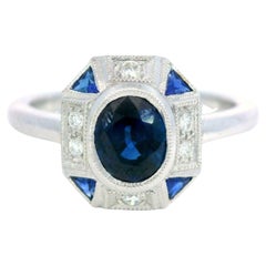 Art Deco Style Blue Sapphire and Diamond Ring Button Ring in 18K white Gold