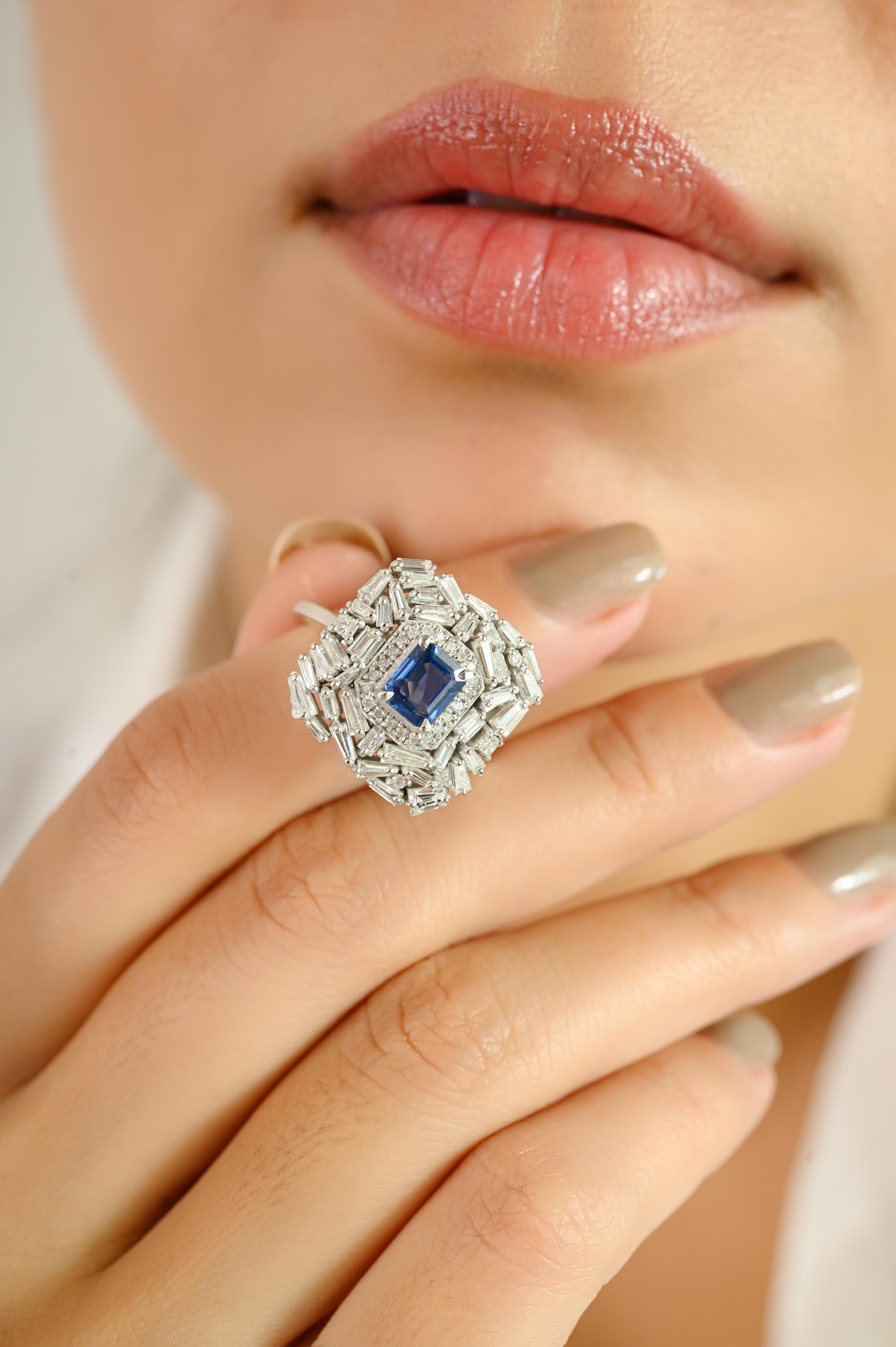 For Sale:  Art Deco Style Blue Sapphire and Diamond Wedding Cocktail Ring in 14k White Gold 10