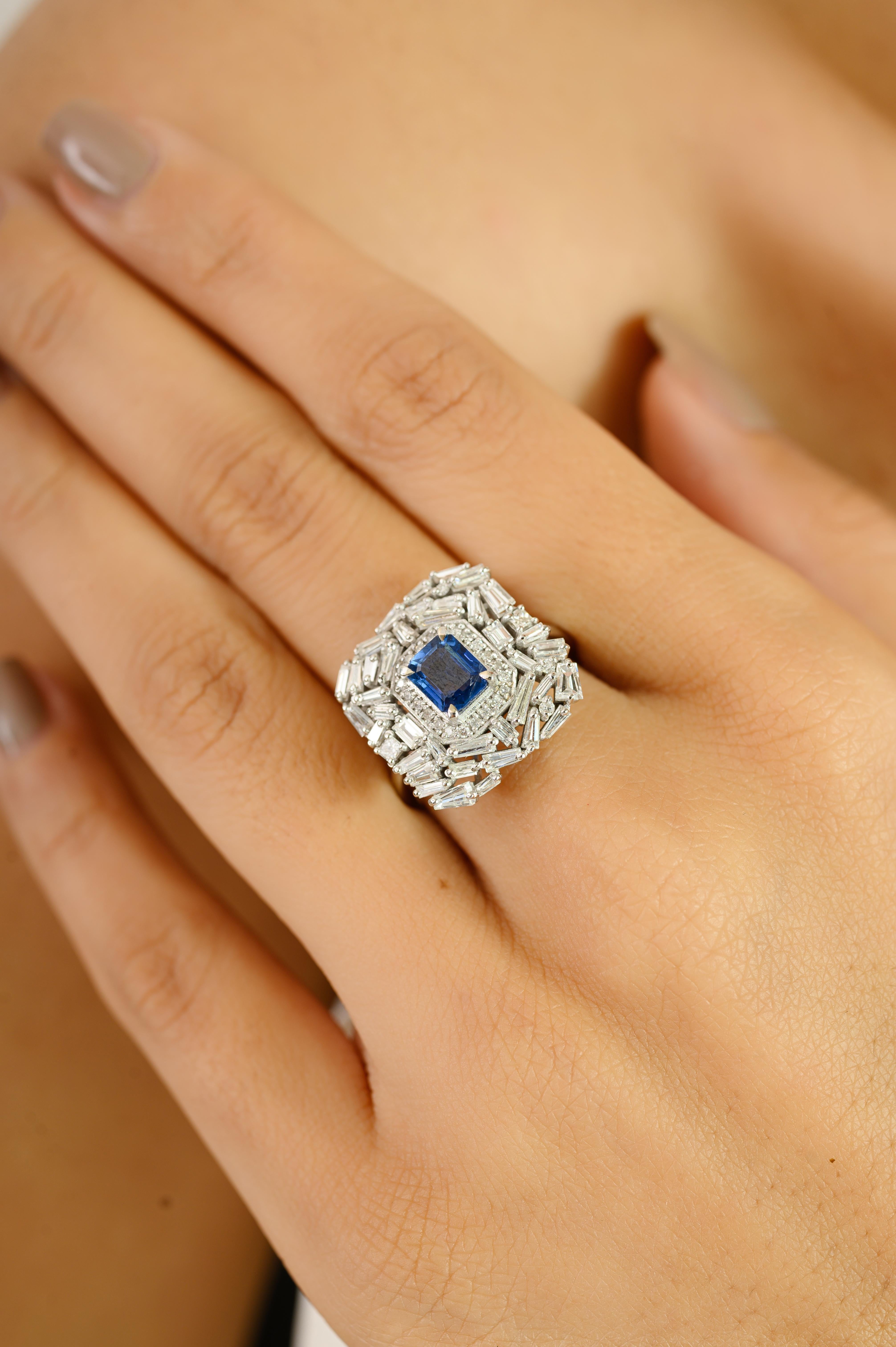 For Sale:  Art Deco Style Blue Sapphire and Diamond Wedding Cocktail Ring in 14k White Gold 2