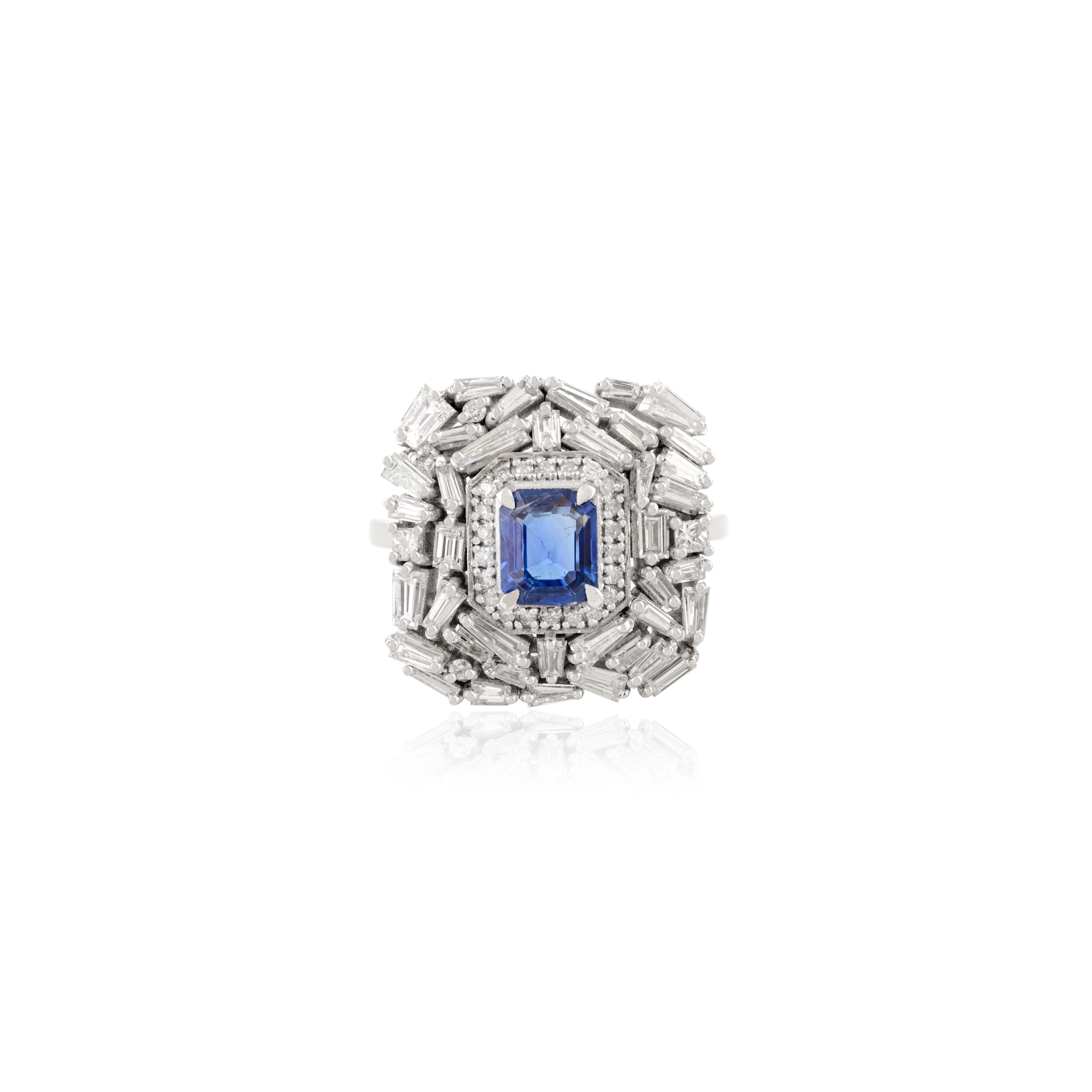 For Sale:  Art Deco Style Blue Sapphire and Diamond Wedding Cocktail Ring in 14k White Gold 3
