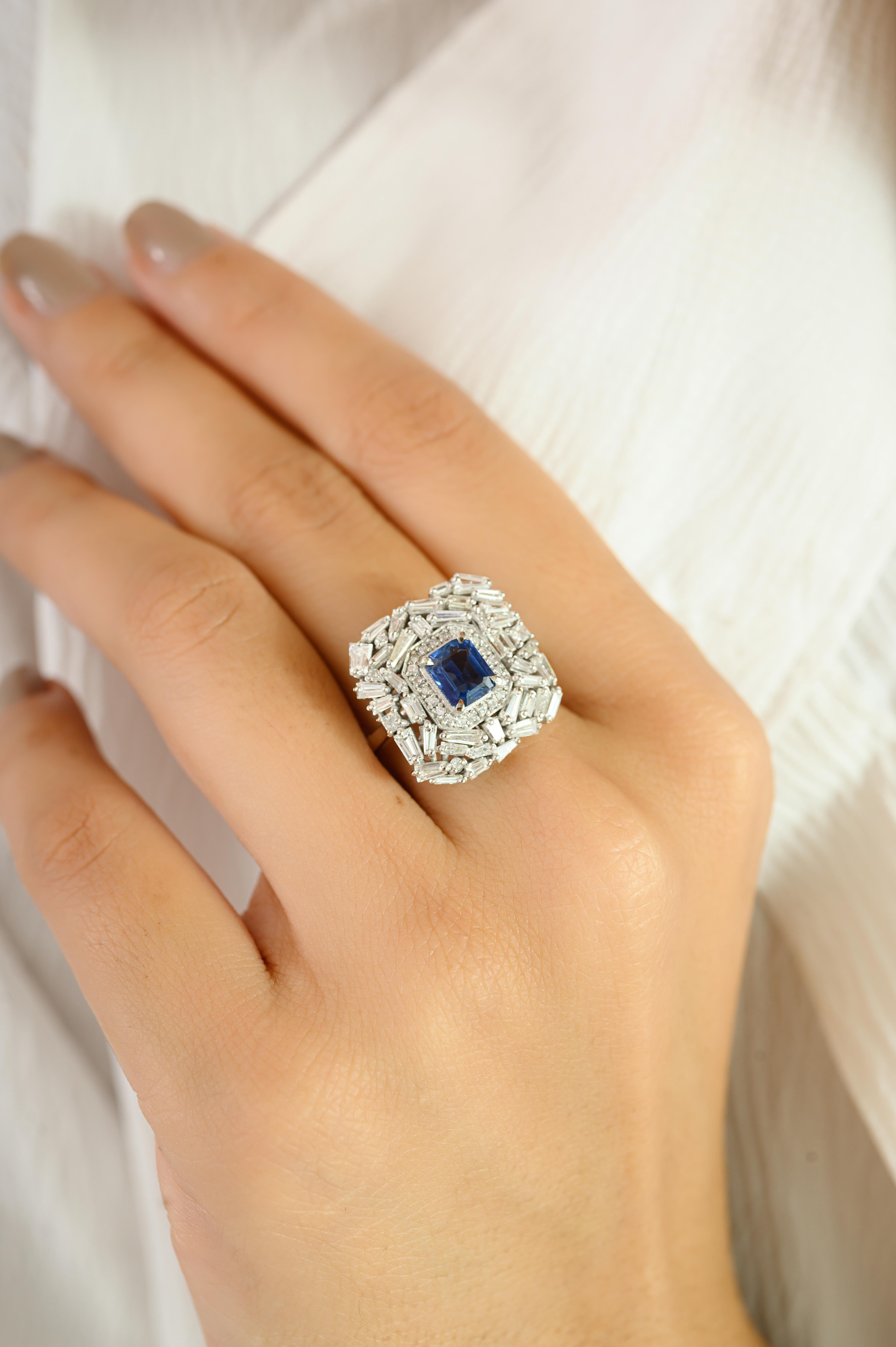For Sale:  Art Deco Style Blue Sapphire and Diamond Wedding Cocktail Ring in 14k White Gold 4