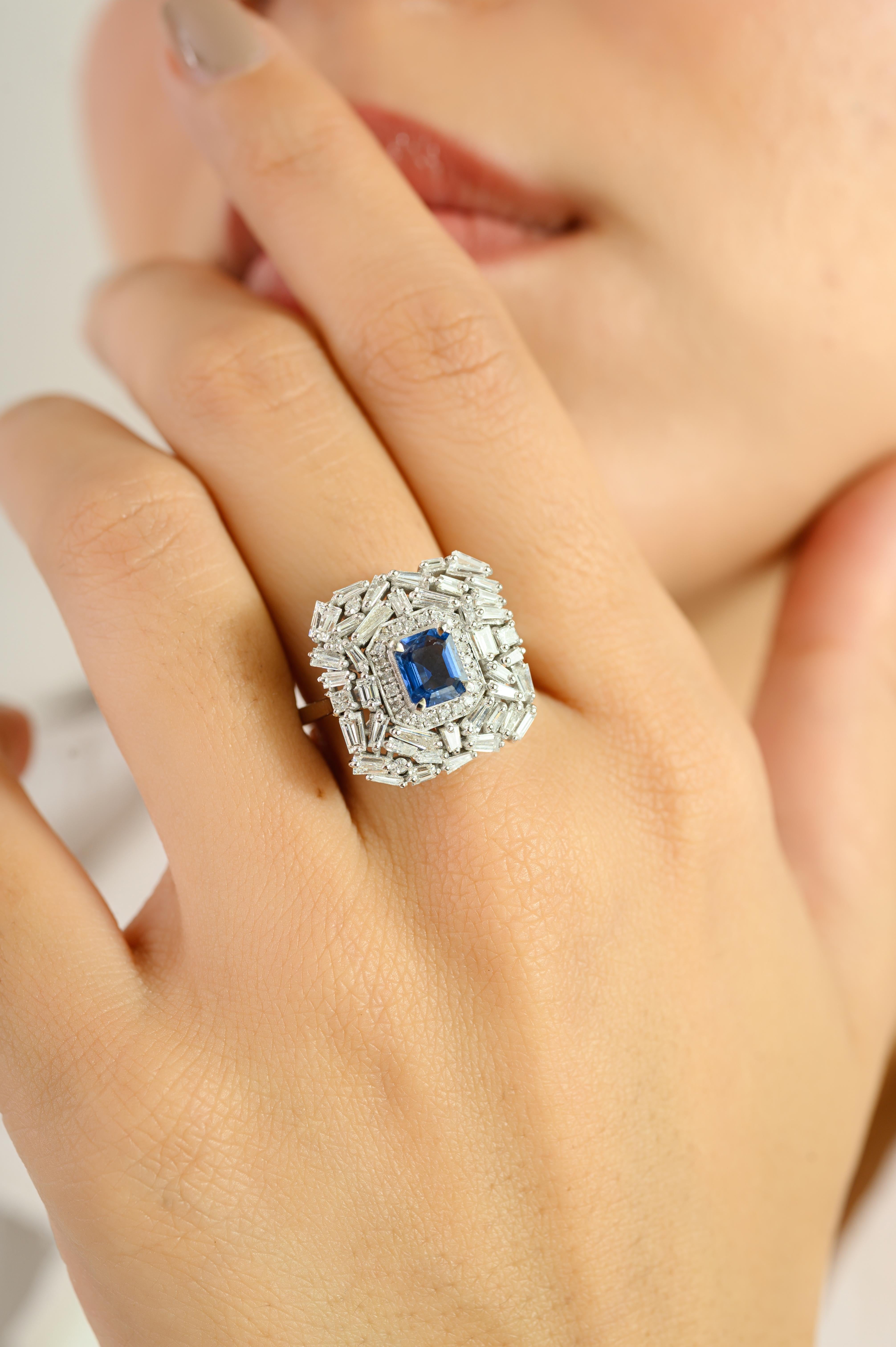 For Sale:  Art Deco Style Blue Sapphire and Diamond Wedding Cocktail Ring in 14k White Gold 6