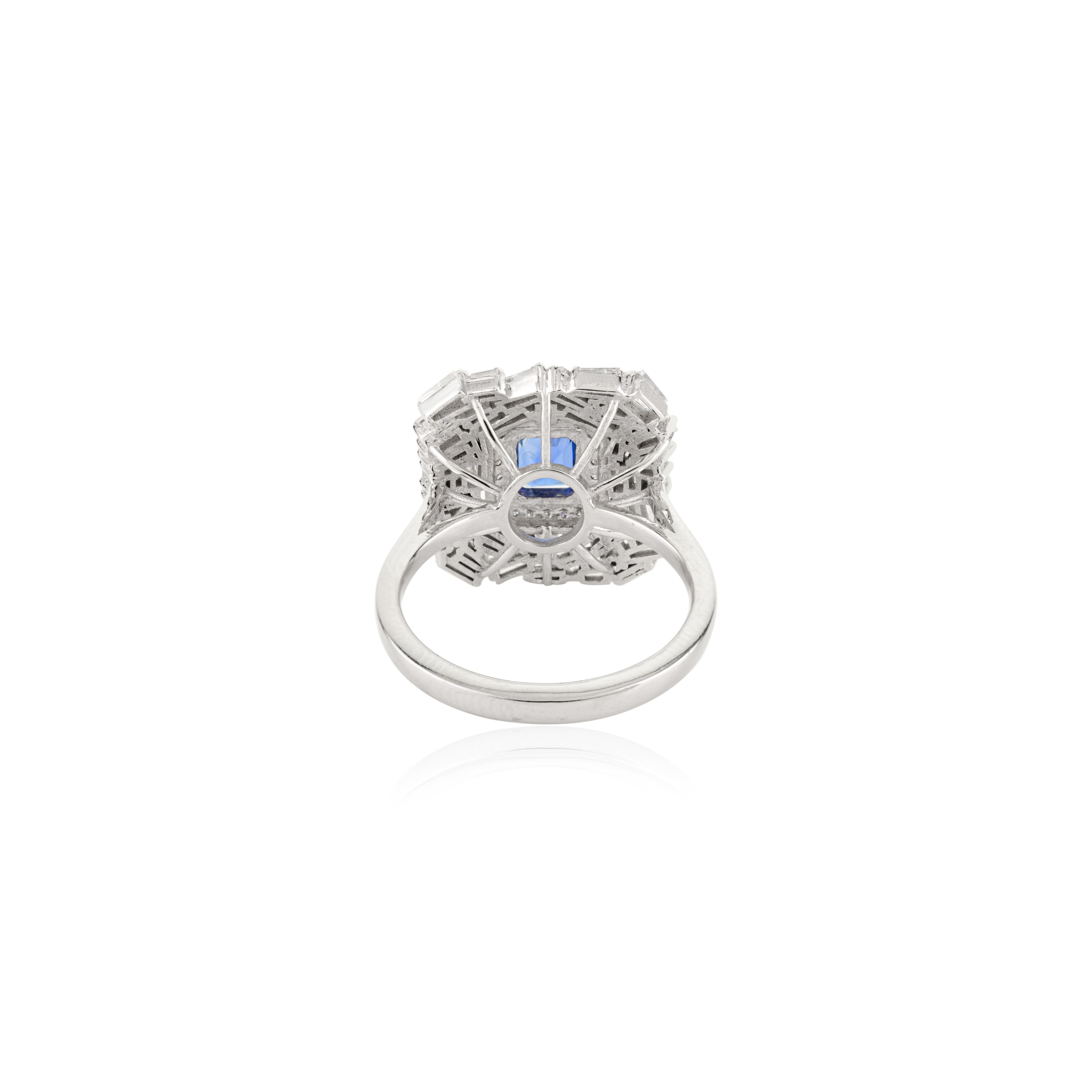 For Sale:  Art Deco Style Blue Sapphire and Diamond Wedding Cocktail Ring in 14k White Gold 7