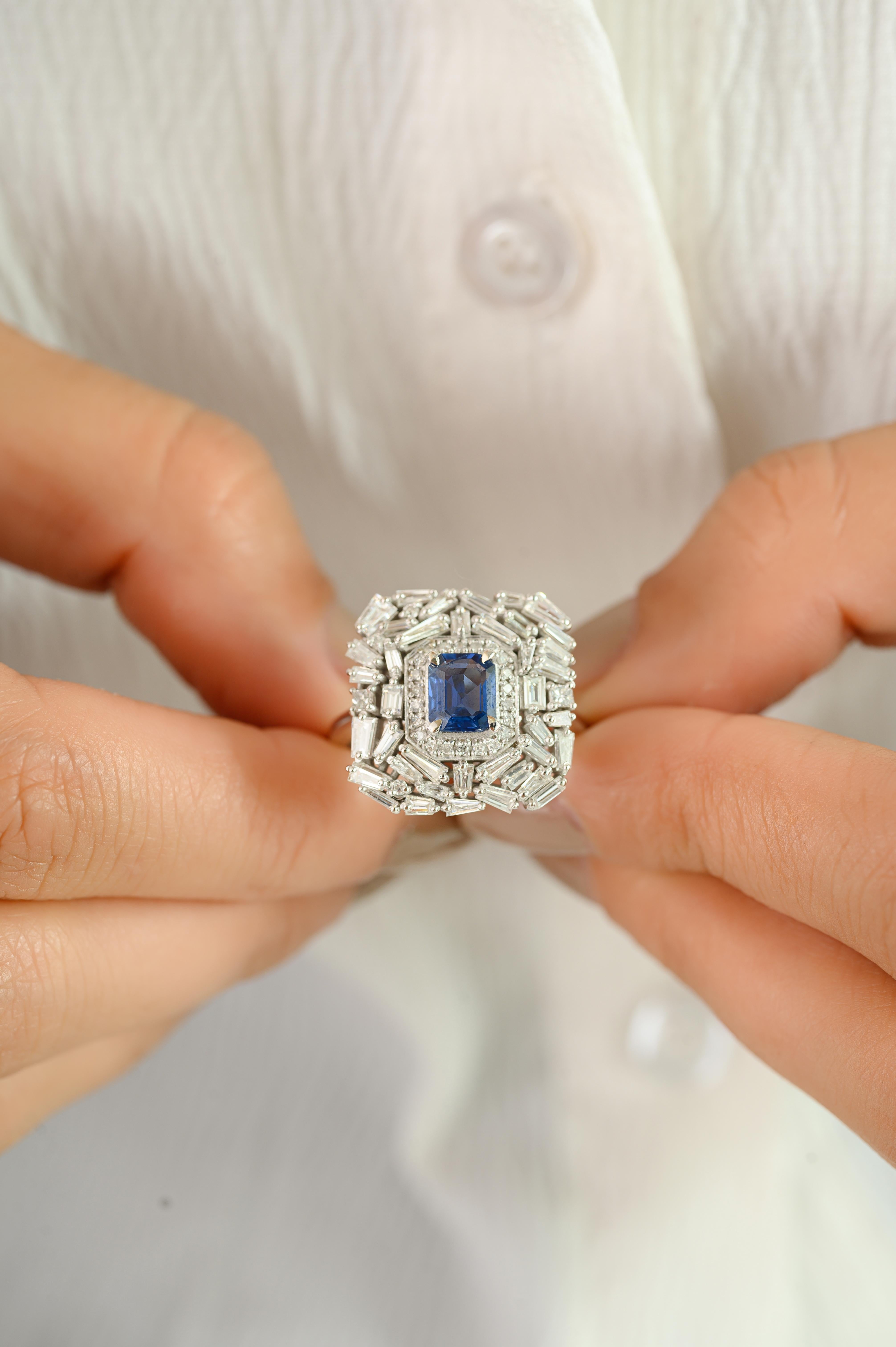 For Sale:  Art Deco Style Blue Sapphire and Diamond Wedding Cocktail Ring in 14k White Gold 8