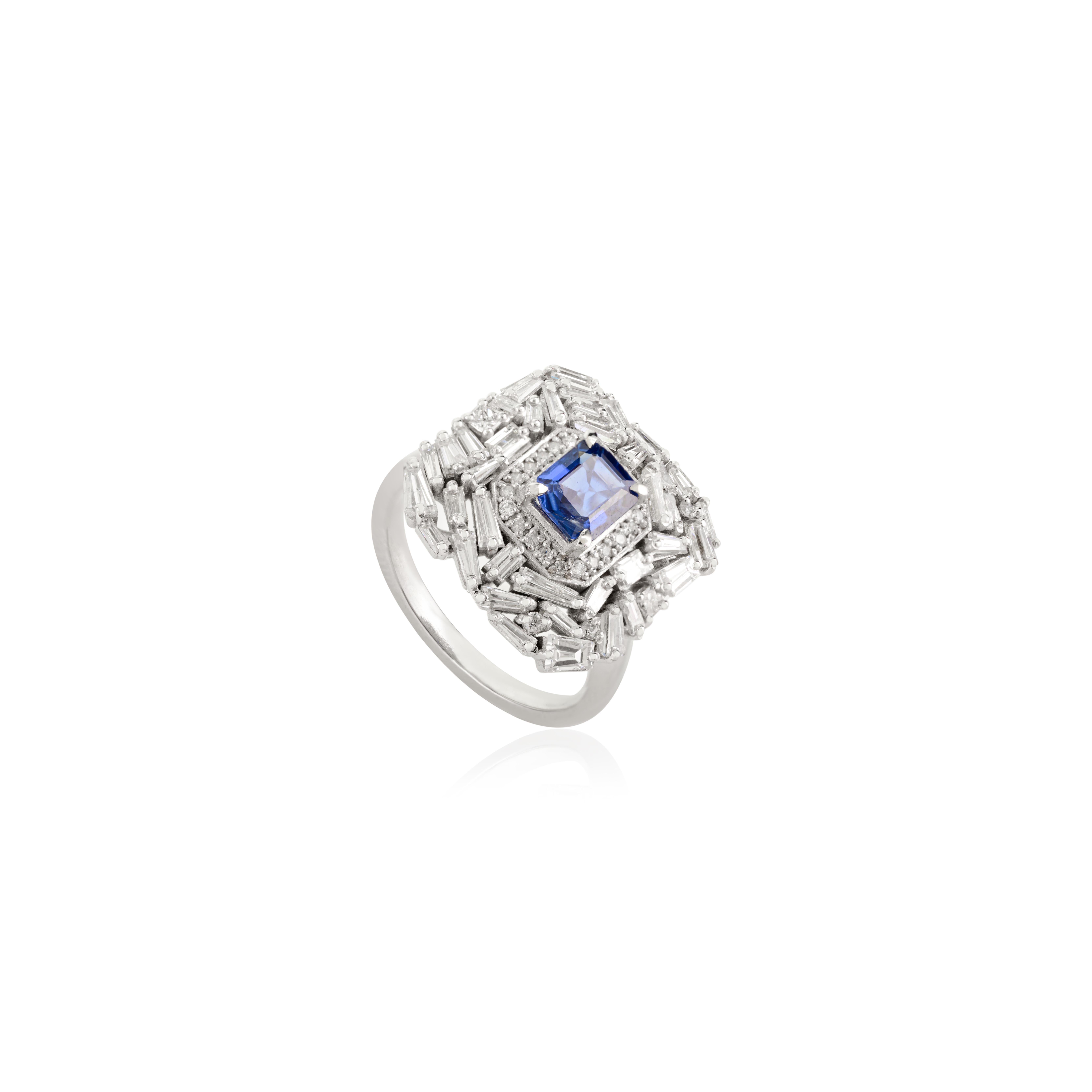 For Sale:  Art Deco Style Blue Sapphire and Diamond Wedding Cocktail Ring in 14k White Gold 9