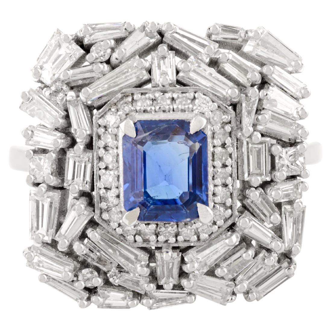 Art Deco Style Blue Sapphire and Diamond Wedding Cocktail Ring in 14k White Gold
