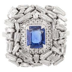 Art Deco Style Blue Sapphire and Diamond Wedding Cocktail Ring in 14k White Gold