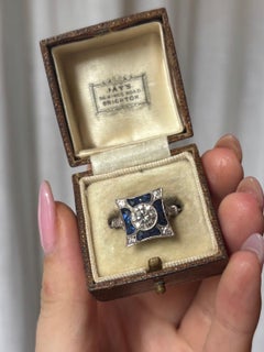 Art Deco Style Blue Sapphire and Old Cut Diamond Target Ring in Platinum