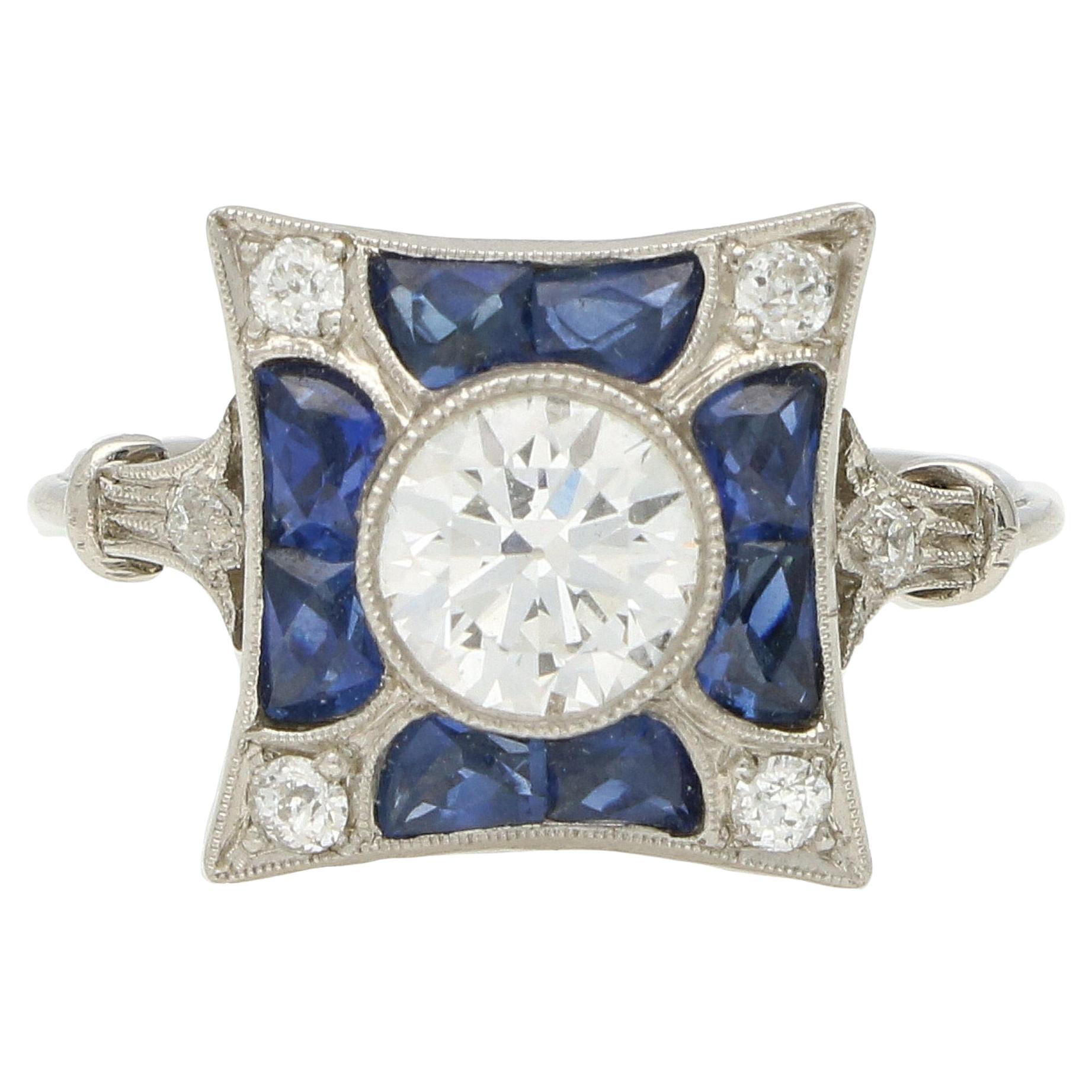 Art Deco Style Blue Sapphire and Old Cut Diamond Target Ring in Platinum