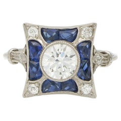 Art Deco Style Blue Sapphire and Old Cut Diamond Target Ring in Platinum