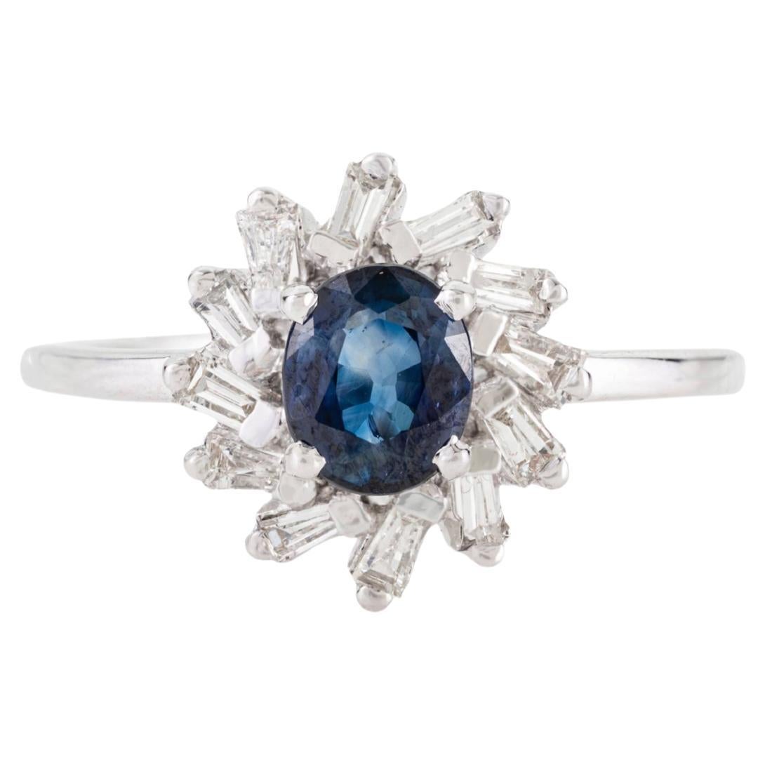 Art Deco Style Blue Sapphire & Baguette Diamond Halo Cluster Ring 14K White Gold