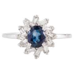Art Deco Style Blue Sapphire & Baguette Diamond Halo Cluster Ring 14K White Gold