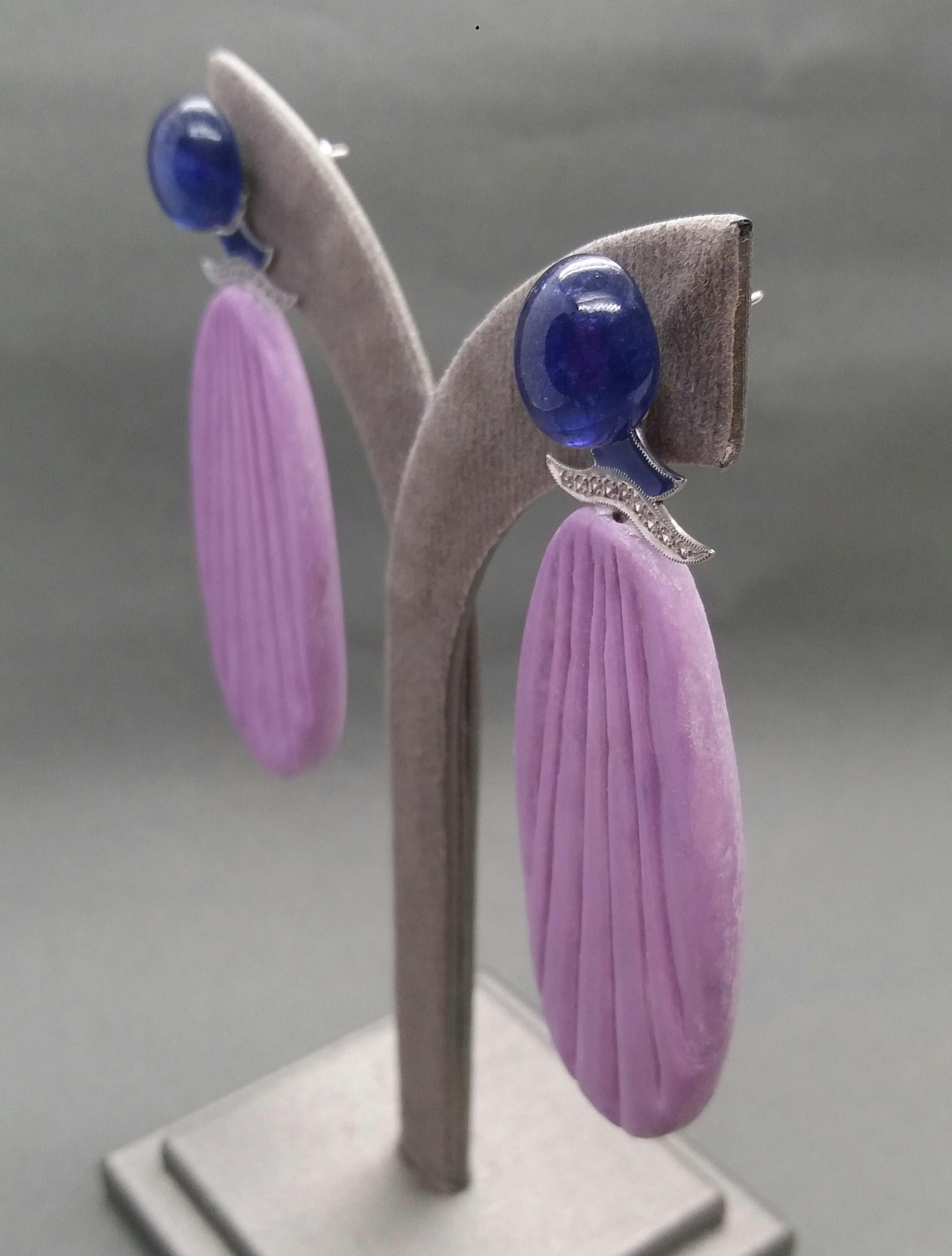 Art Deco Style Blue Sapphire Cabs Phosphosiderite Gold Diamond Enamel Earrings For Sale 3