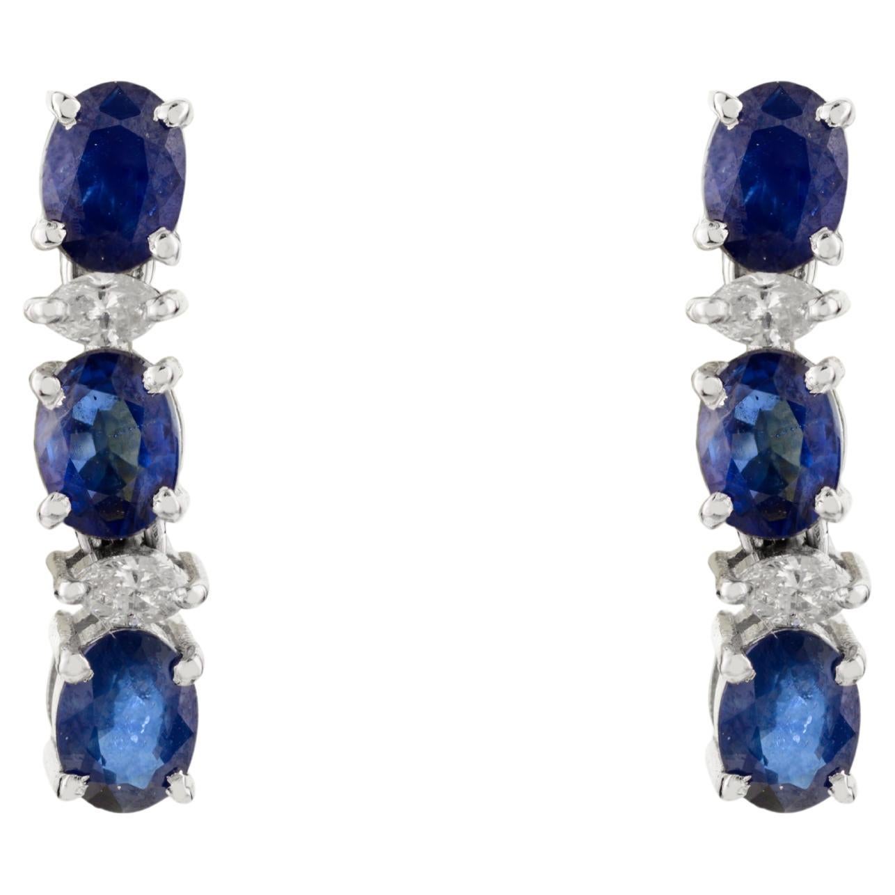 Art Deco Style Blue Sapphire Dangle Earrings with Halo Diamond in 14k White Gold