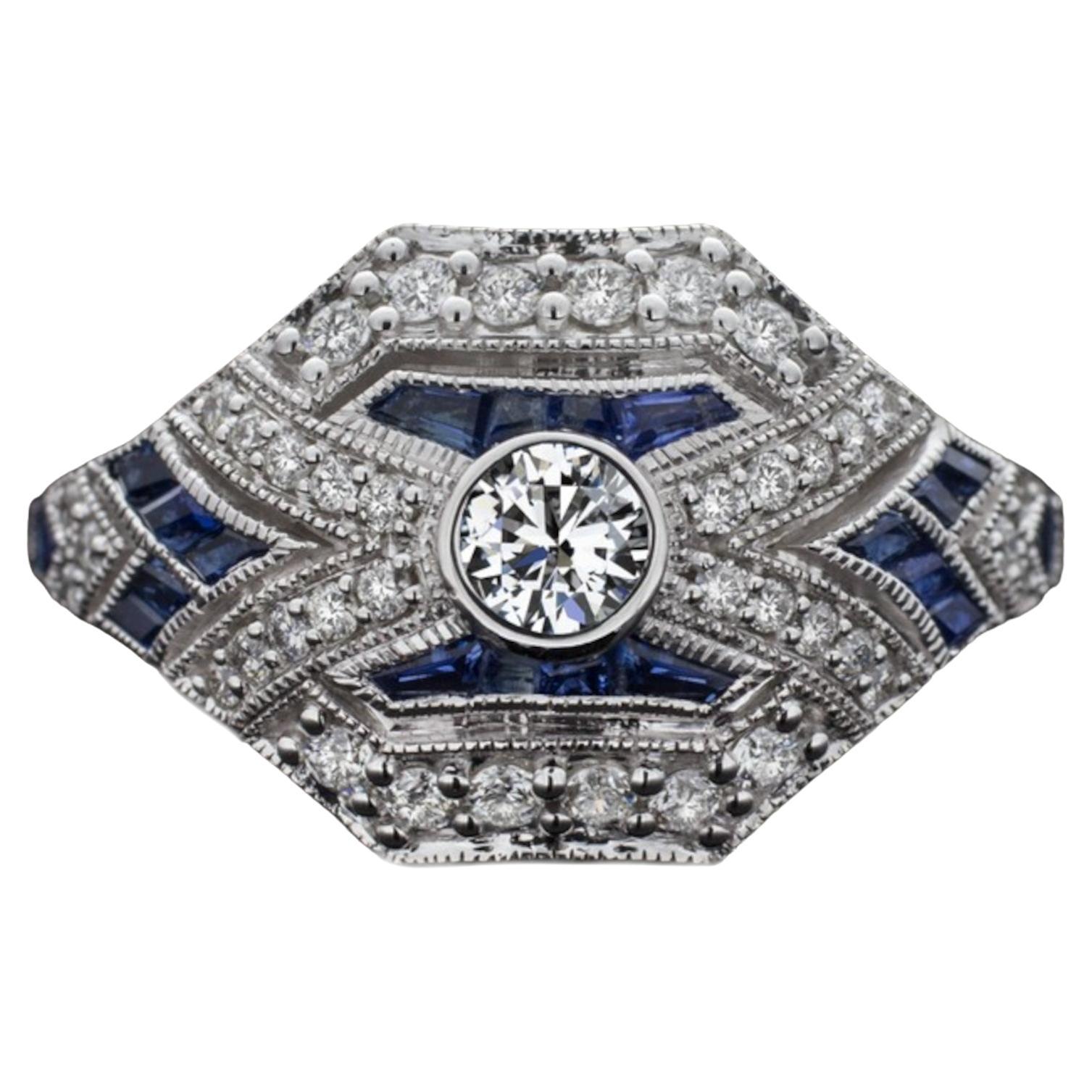 Art Deco Style Blue Sapphire Diamond Cocktail Ring
