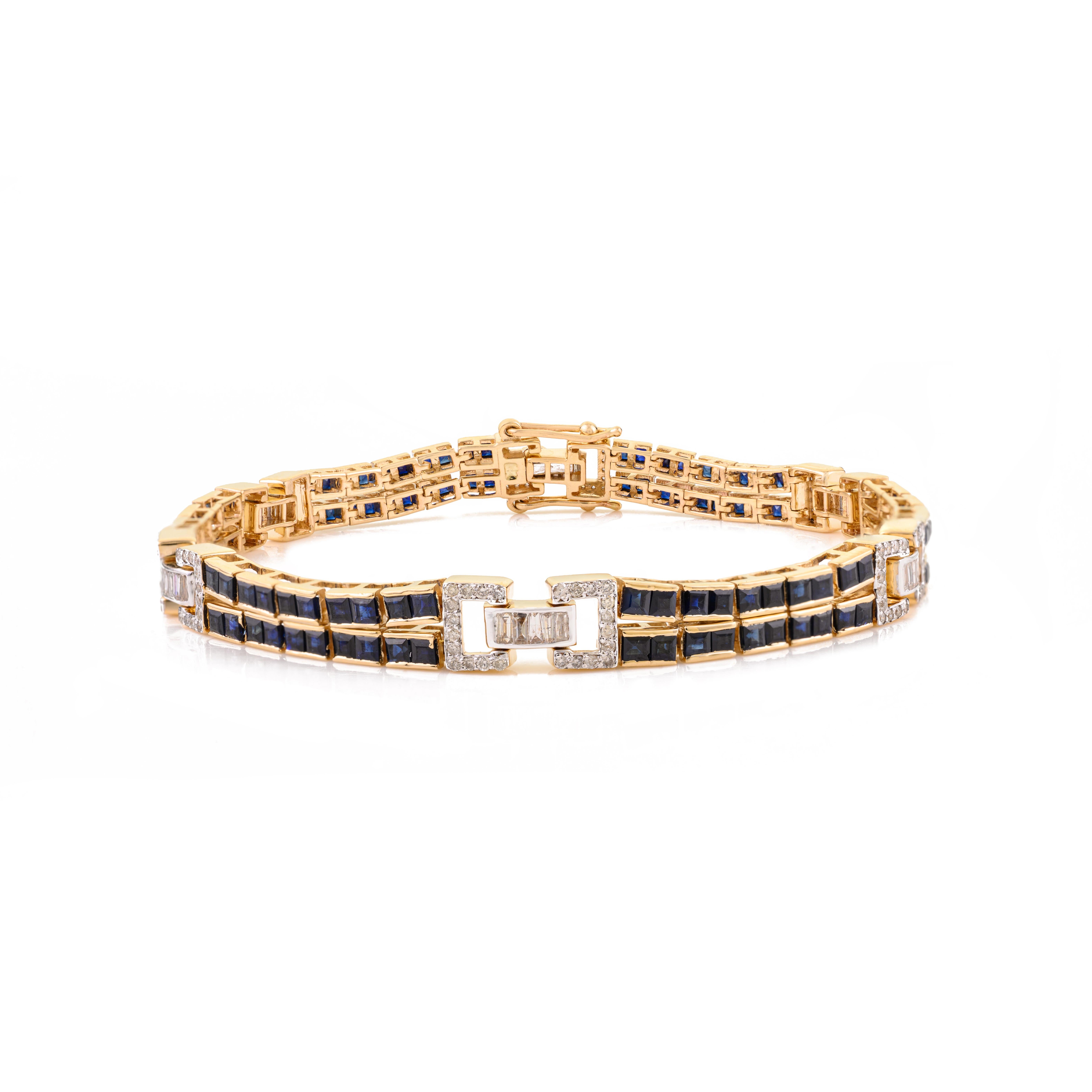 Art Deco Style Blue Sapphire & Diamond Link Bracelet in 18K Yellow Gold 6.14 CTW