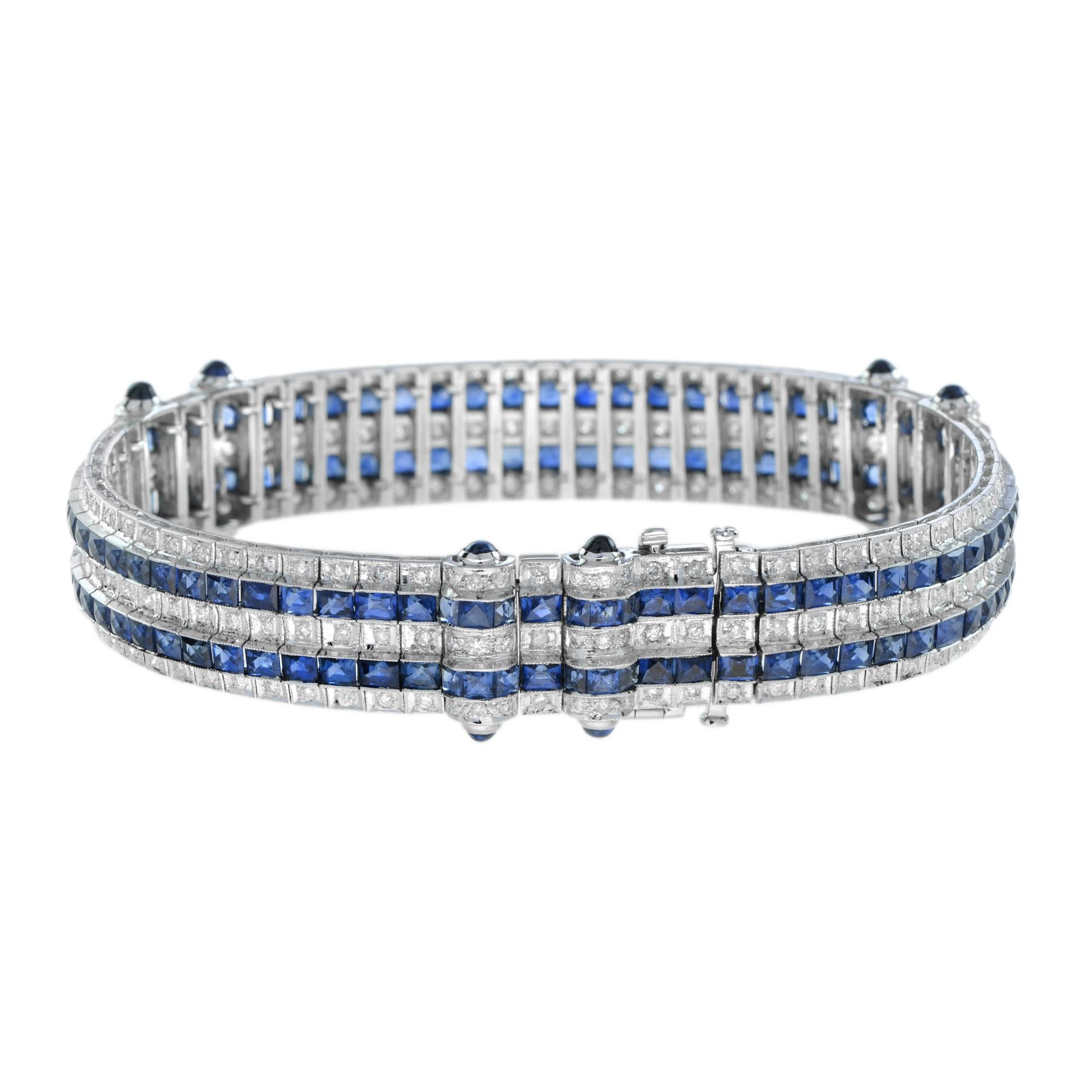 Magnificent Sapphire and Diamond Art Deco Style Bracelet with elaborate etching and exquisite detail. The bracelet is designed as five row set with 222 round brilliant diamonds and 160 French cut sapphires. A truly special piece!
Bracelet