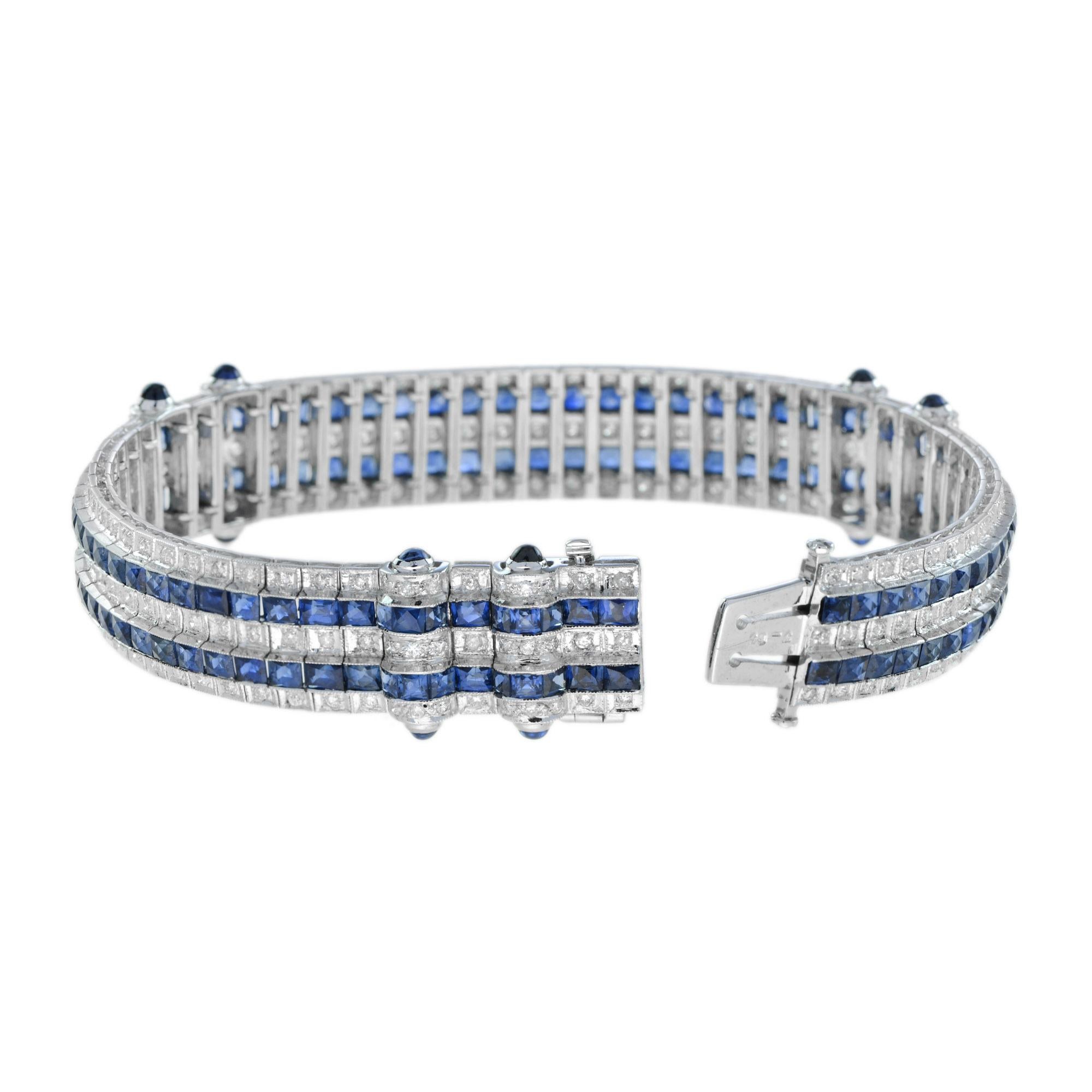Art Déco Art Deco Style Blue Sapphire & Diamond Princess Tennis 18K White Gold Bracelet in vendita
