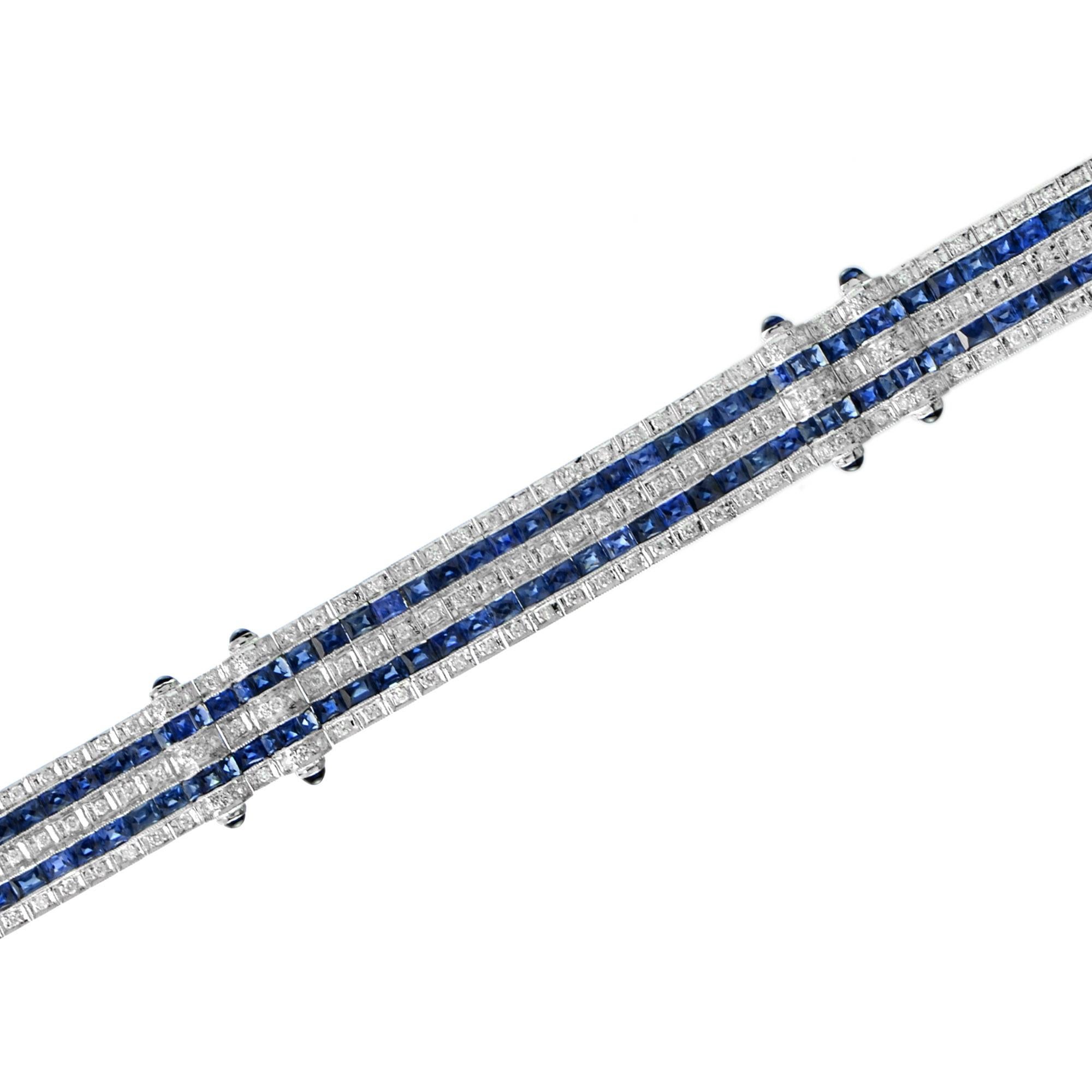 Taglio francese Art Deco Style Blue Sapphire & Diamond Princess Tennis 18K White Gold Bracelet in vendita