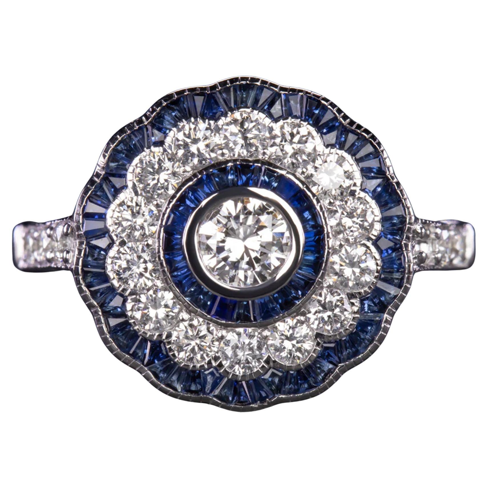 ART DECO Style Blue Sapphire Diamond Ring For Sale
