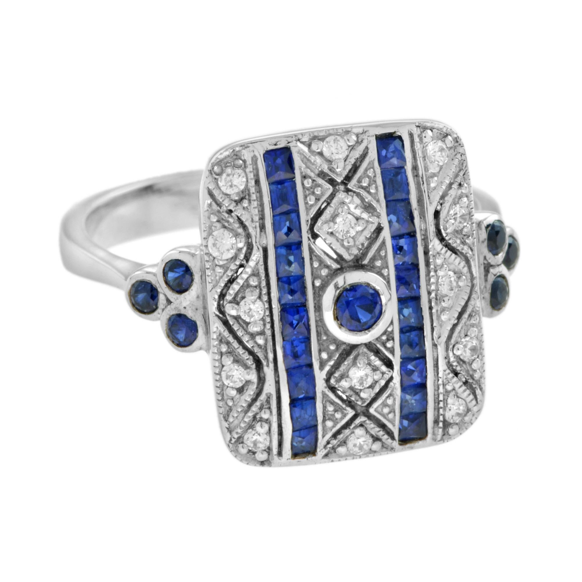 A beautiful Art Deco style white gold millgrain and open work square shape ring featuring a round and 30 French cut sapphires with total of 0.14 carats diamonds. This simple and classic ring is perfect to wear anytime.
Ring Information
Style: