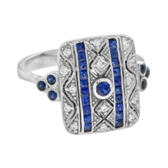 Art Deco Style Blue Sapphire & Diamond Square 14K White Gold Ring