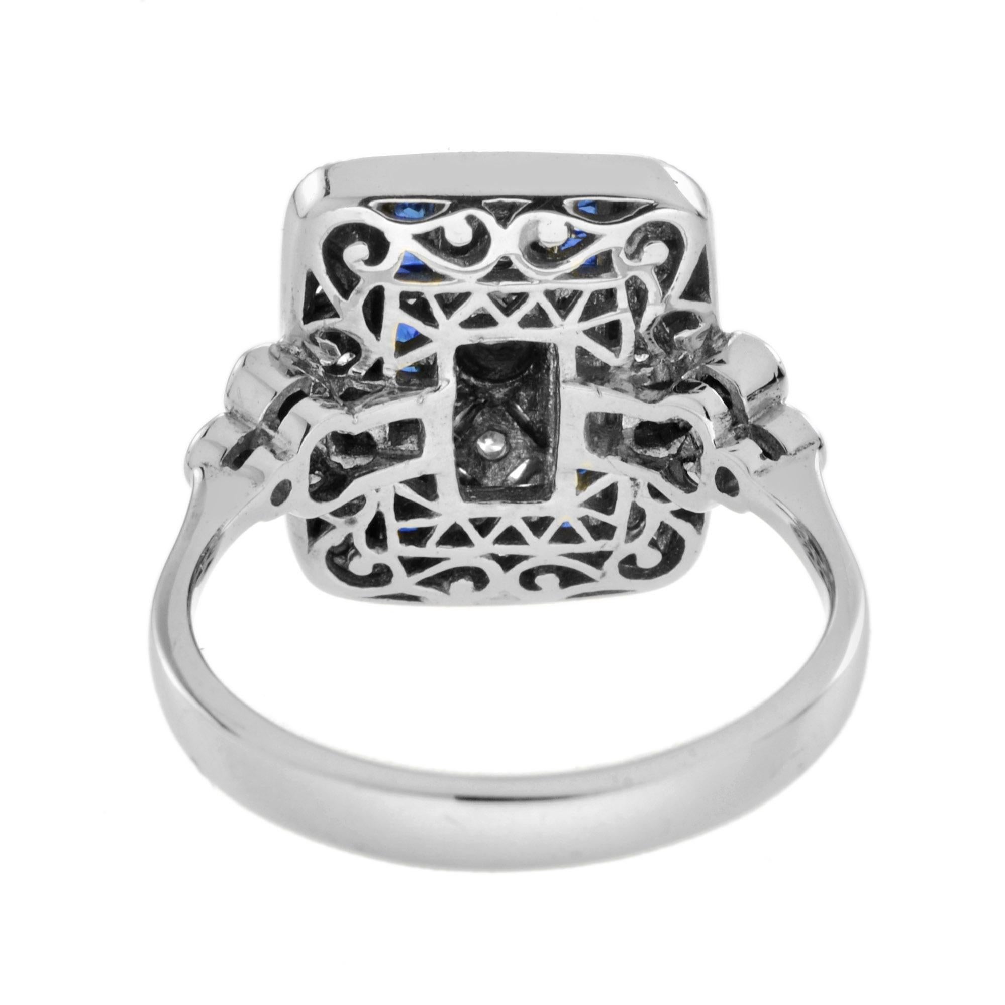 Art Deco Style Blue Sapphire & Diamond Square 14K White Gold Ring In New Condition For Sale In Oakton, VA