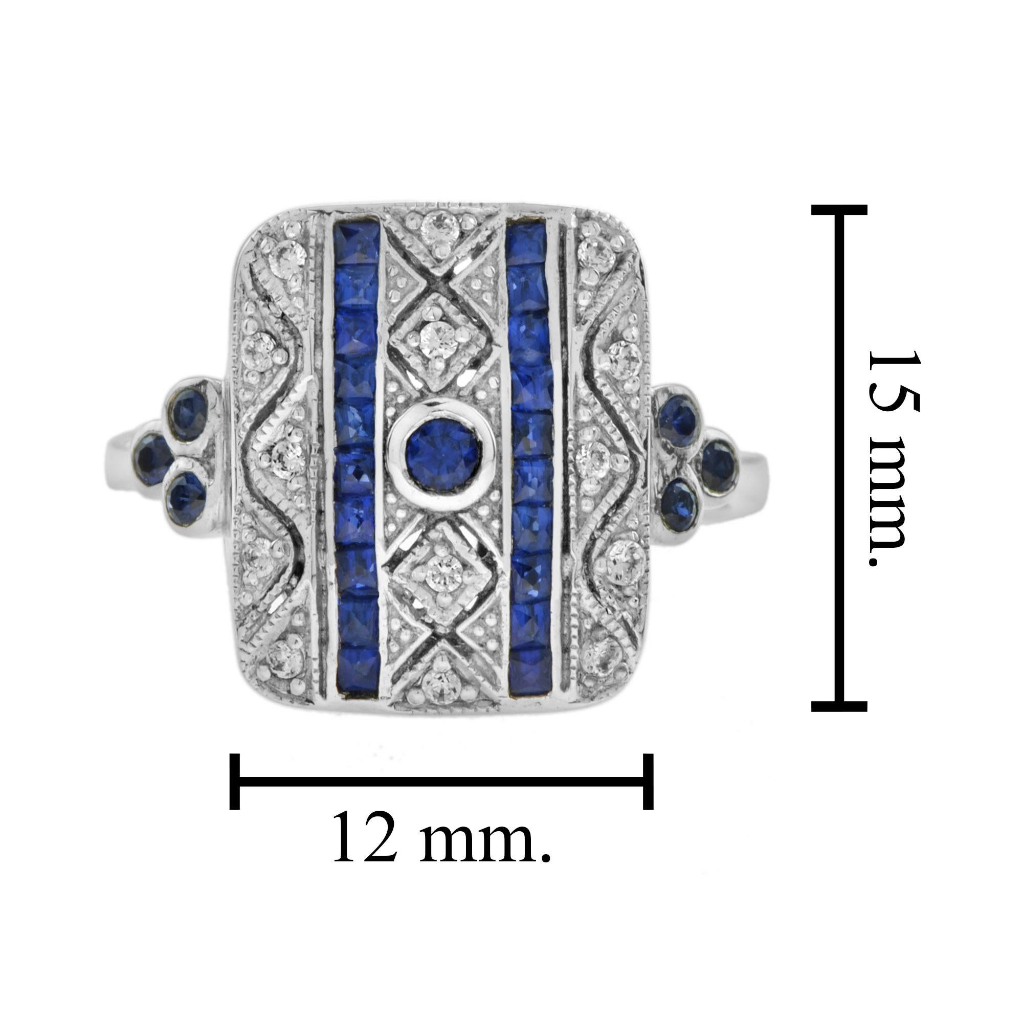 Art Deco Style Blue Sapphire & Diamond Square 14K White Gold Ring For Sale 1