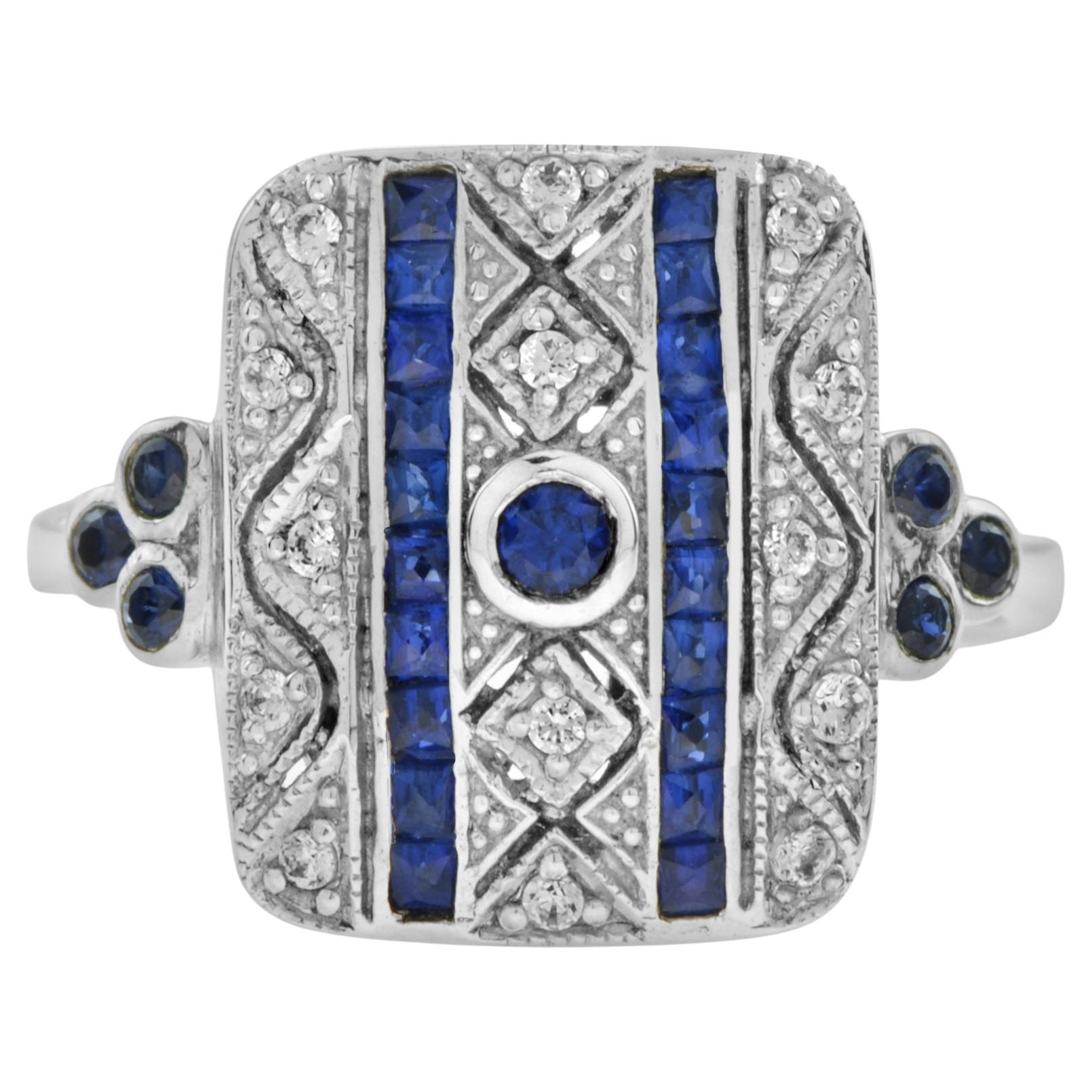 Art Deco Style Blue Sapphire & Diamond Square 14K White Gold Ring For Sale