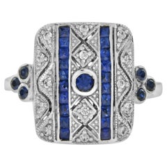 Art Deco Style Blue Sapphire & Diamond Square 14K White Gold Ring