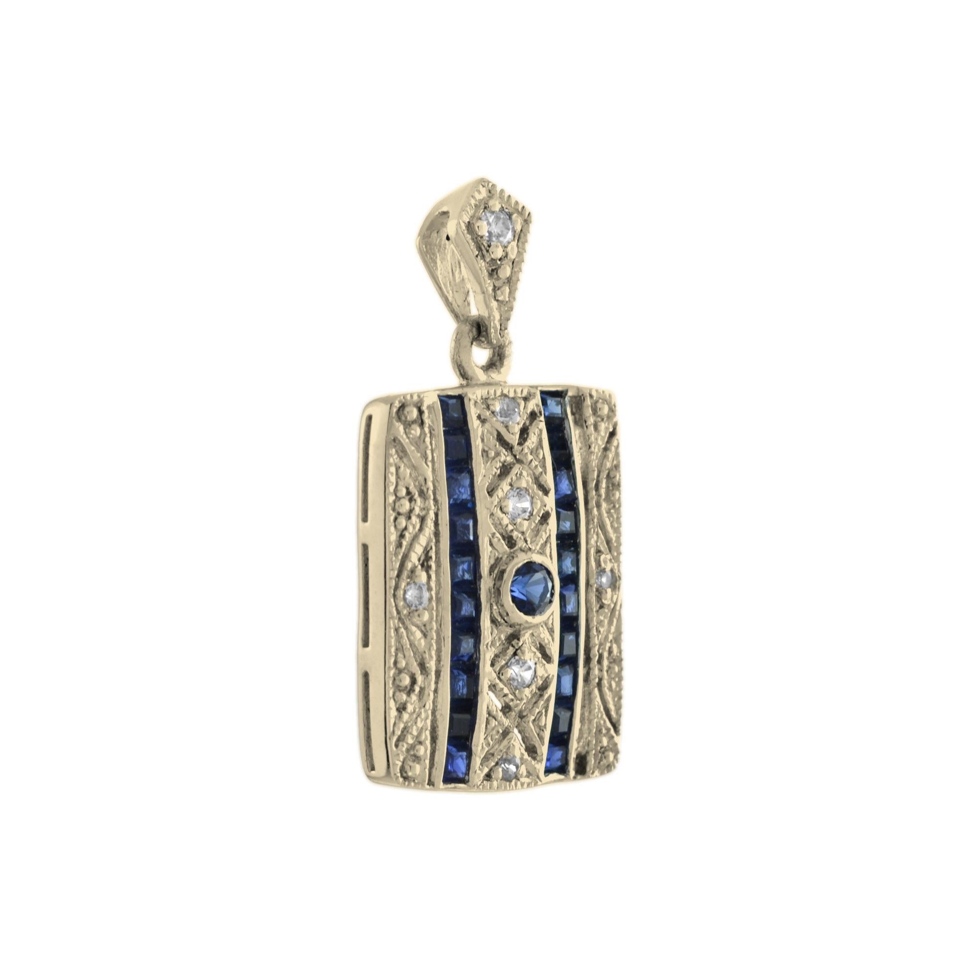 A beautiful Art Deco style millgrain and open work square shape pendant featuring a round and 30 French cut sapphires with total of 0.14 carats diamonds. This simple and classic pendant is perfect to wear anytime.
Information
Width: 10 mm.
Length: