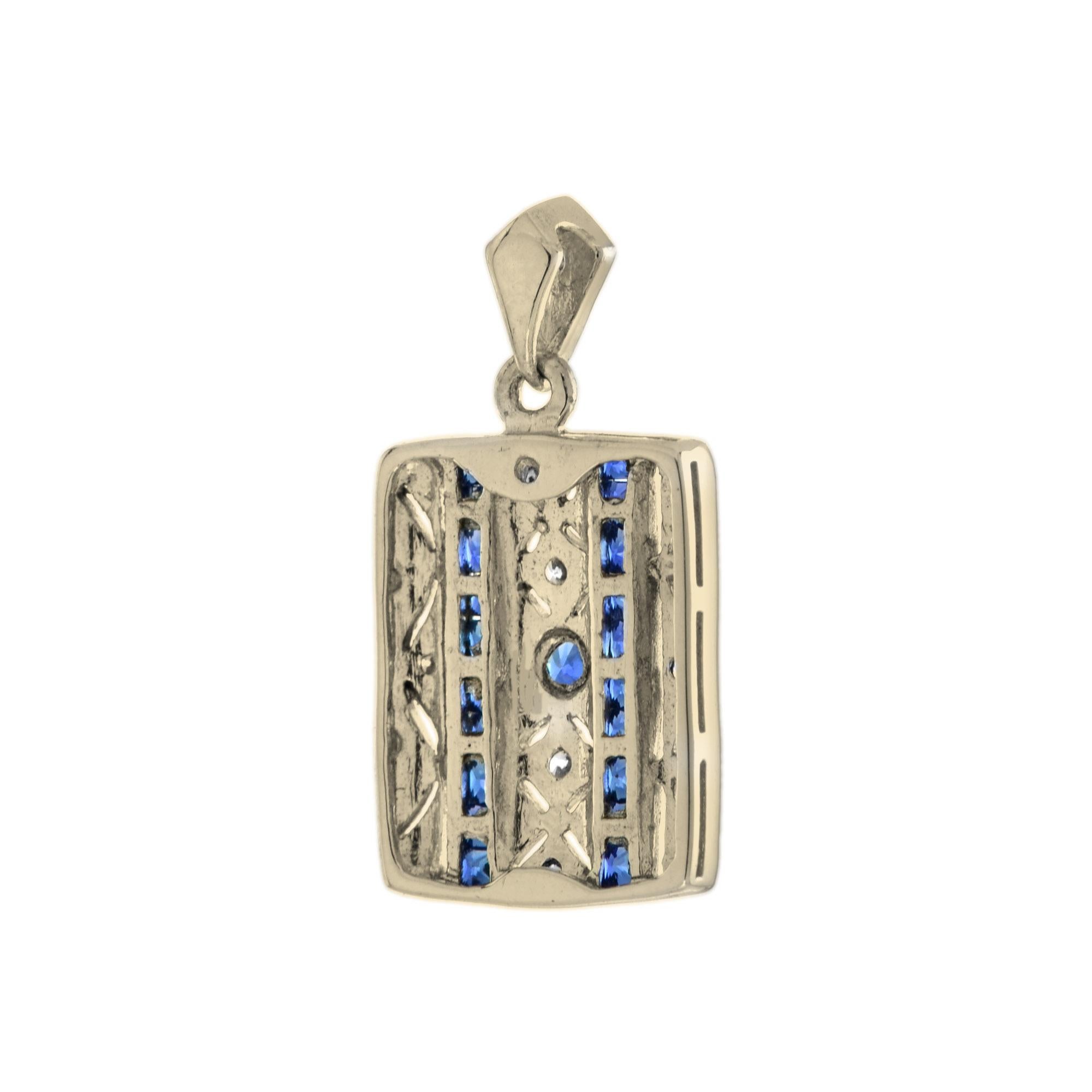 French Cut Art Deco Style Blue Sapphire & Diamond Square 14K Yellow Gold Pendant For Sale