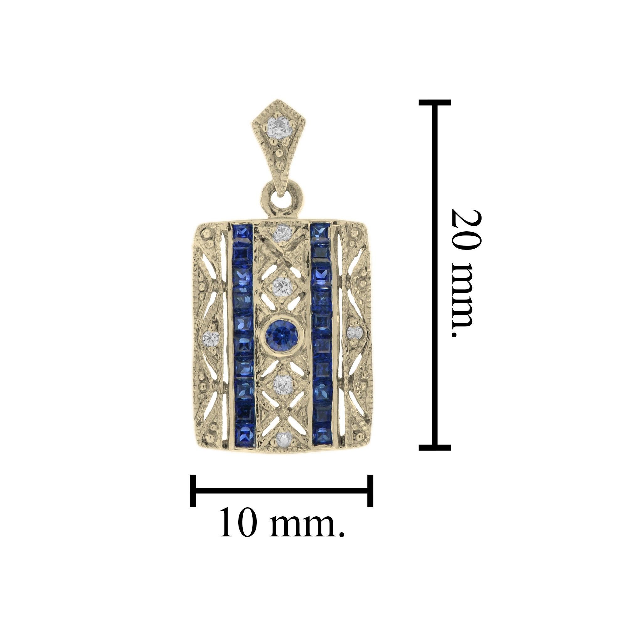 Art Deco Style Blue Sapphire & Diamond Square 14K Yellow Gold Pendant In New Condition For Sale In Oakton, VA