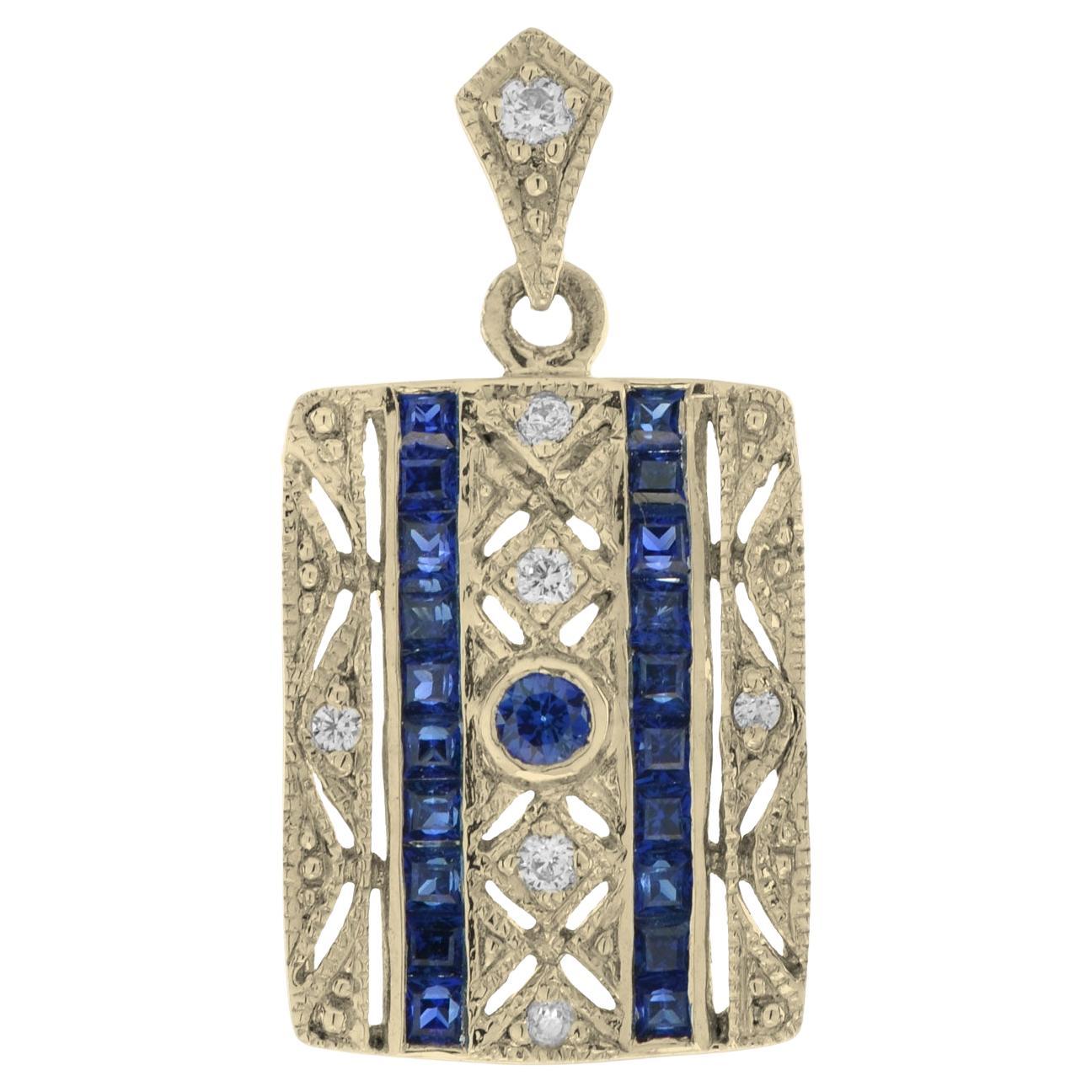 Art Deco Style Blue Sapphire & Diamond Square 14K Yellow Gold Pendant For Sale