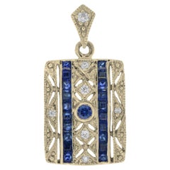 Art Deco Style Blue Sapphire & Diamond Square 14K Yellow Gold Pendant